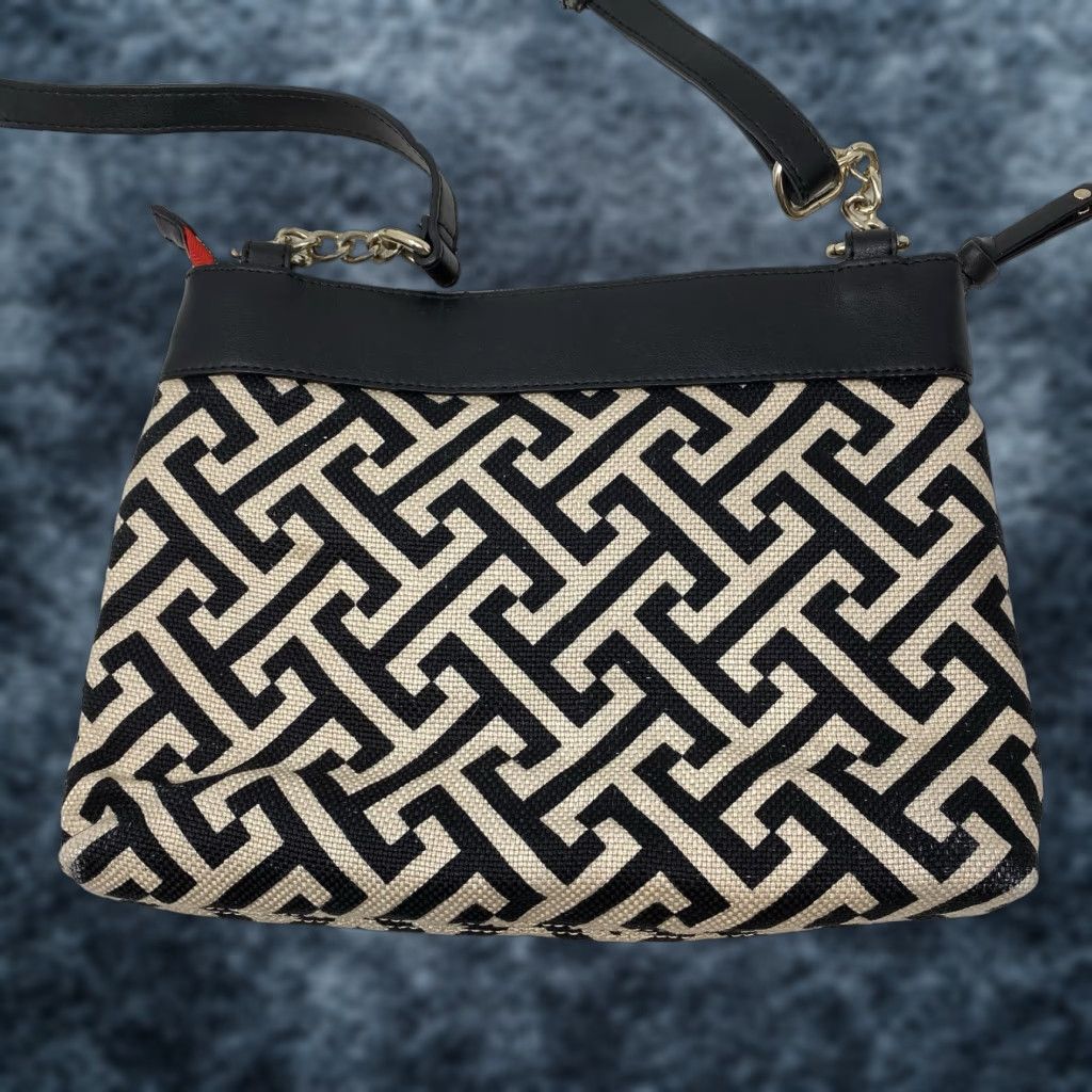 Vintage Spartina 449 Leather & Linen Handbag Crossbody Purse Zip Pockets Black Tan Casual Women Medium Cute! Size ONE SIZE - 1 Thumbnail