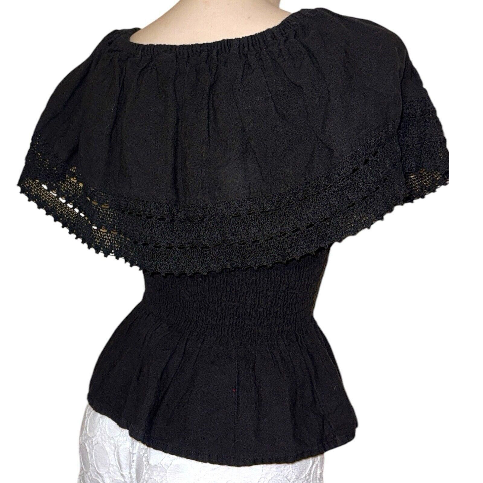 Designer Vintage Black Embroidered Mexican Fiesta Lace Trim Top Sz M Size M / US 6-8 / IT 42-44 - 4 Thumbnail