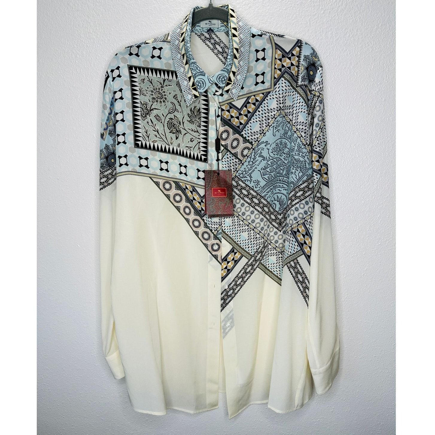 Etro ETRO Cream Blue Multi Geometric Print Collar Blouse 46 / L Size L / US 10 / IT 46 - 1 Thumbnail