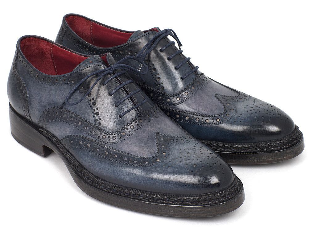 Handmade Men's Triple Leather Sole Wingtip Brogues Blue