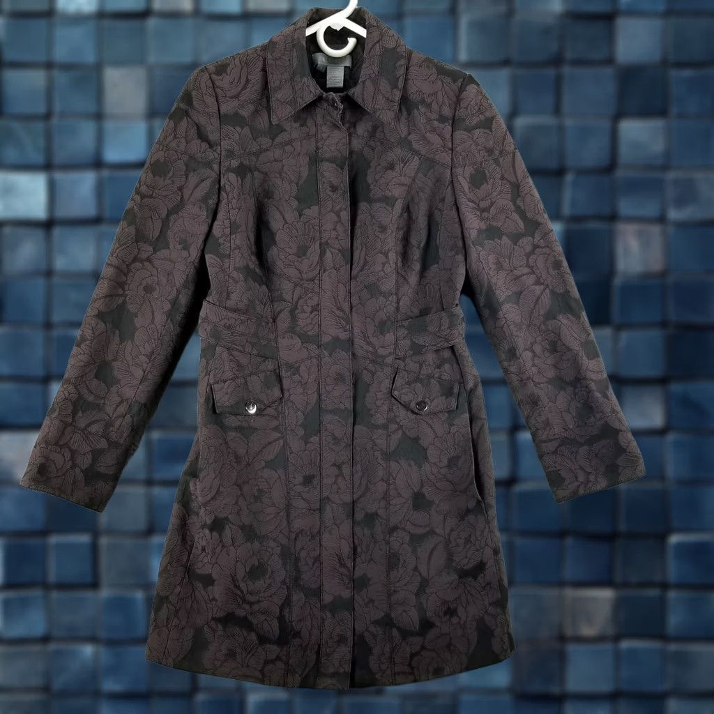 Vintage Eccoci Trench Coat Woman Size 4 Floral Design Long Belted Purple Jacket Size S / US 4 / IT 40 - 1 Thumbnail