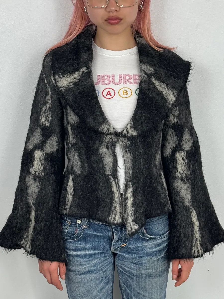 Roberto Cavalli 2000s Roberto Cavalli Black Mohair Abstract Animal Print Cardigan Size S / US 4 / IT 40 - 2 Thumbnail