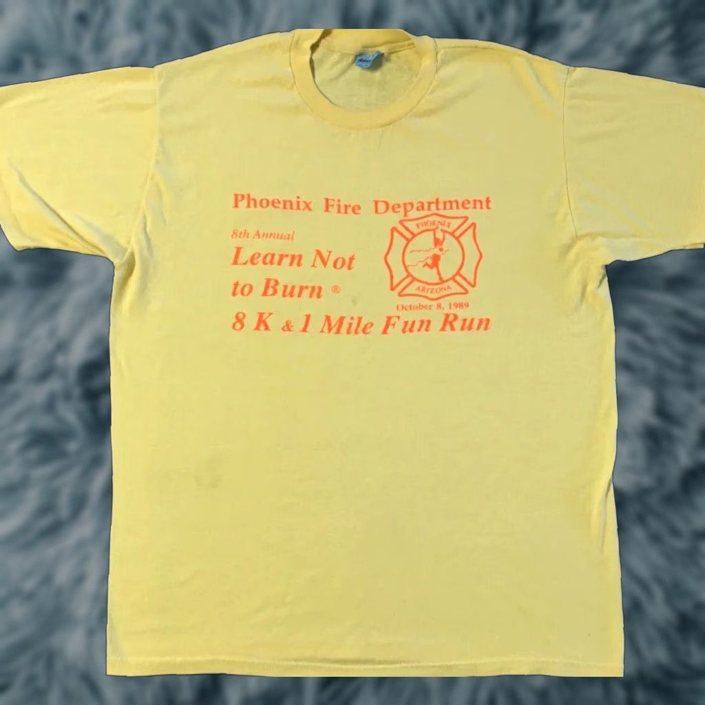 Vintage VINTAGE Phoenix Fire Dept Learn Not Burn Marathon T-Shirt L Yellow 80s 90s Fire Fighter Boots Single Stitch Mens Size US L / EU 52-54 / 3 - 1 Thumbnail