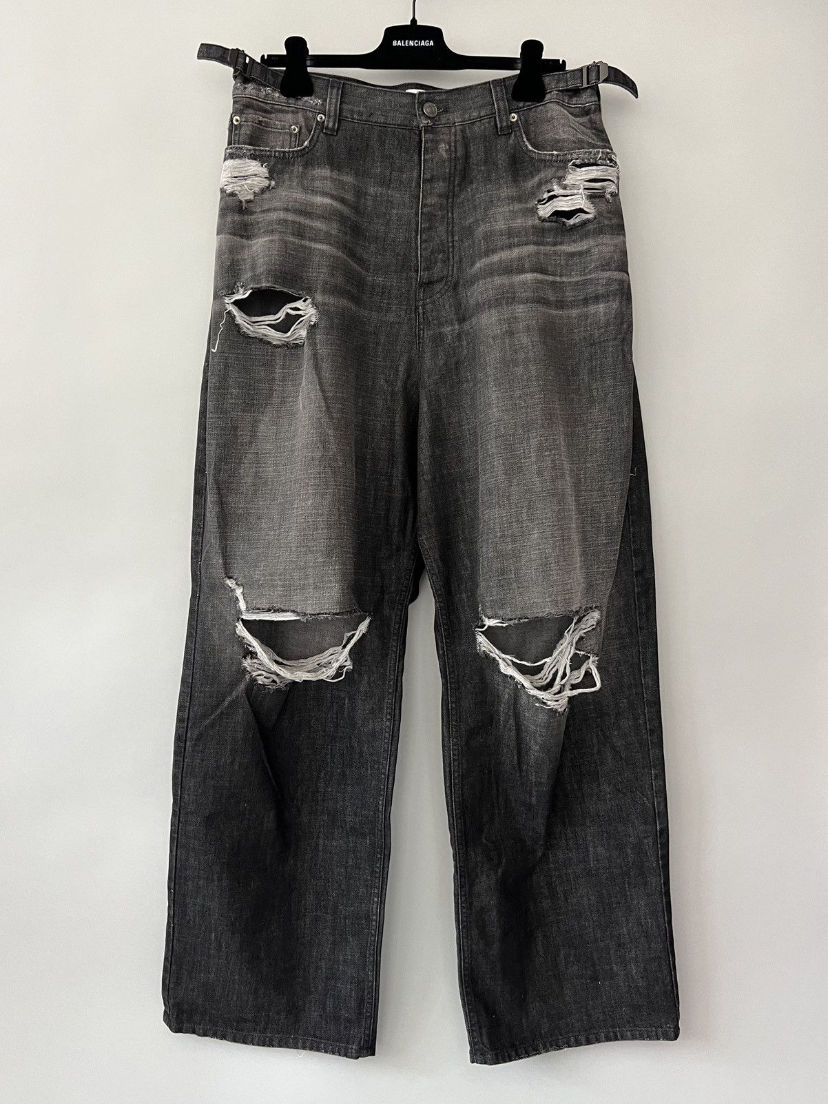 image of Balenciaga Destroyed Large Baggy Jeans in Black, Men's (Size 32)