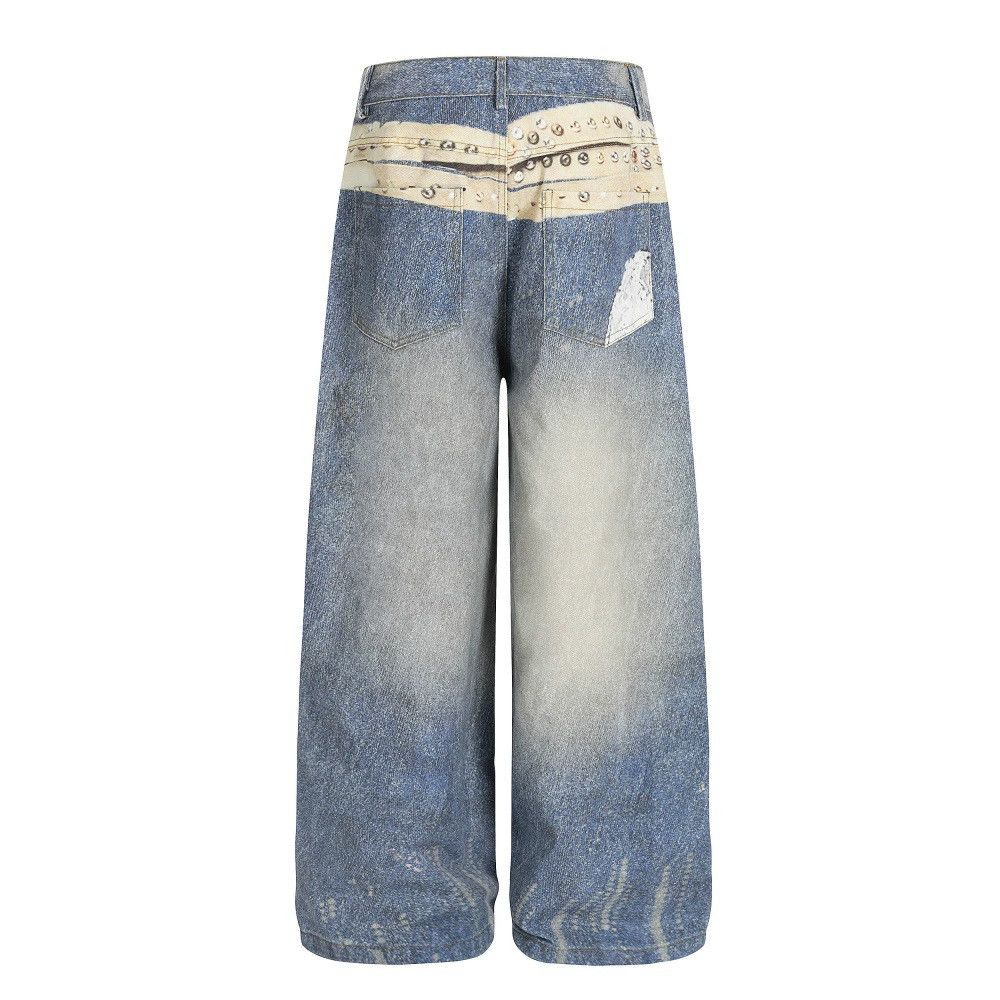 Jean Men's distressed washed loose digital print wide-leg jeans Size US 32 / EU 48 - 2 Thumbnail