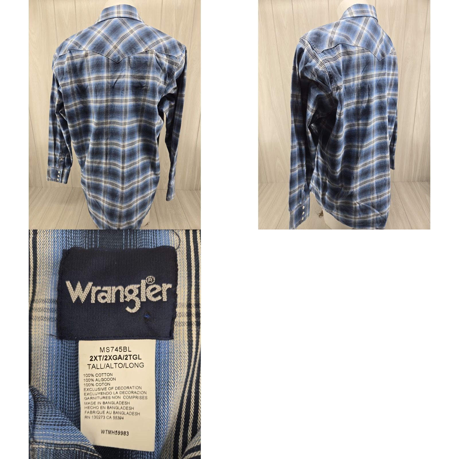 Wrangler Wrangler Button-Up Shirt Blue Plaid Pearl Snap Western 2XT Men's Long Sleeve Casual Size US XXL / EU 58 / 5 - 8 Thumbnail