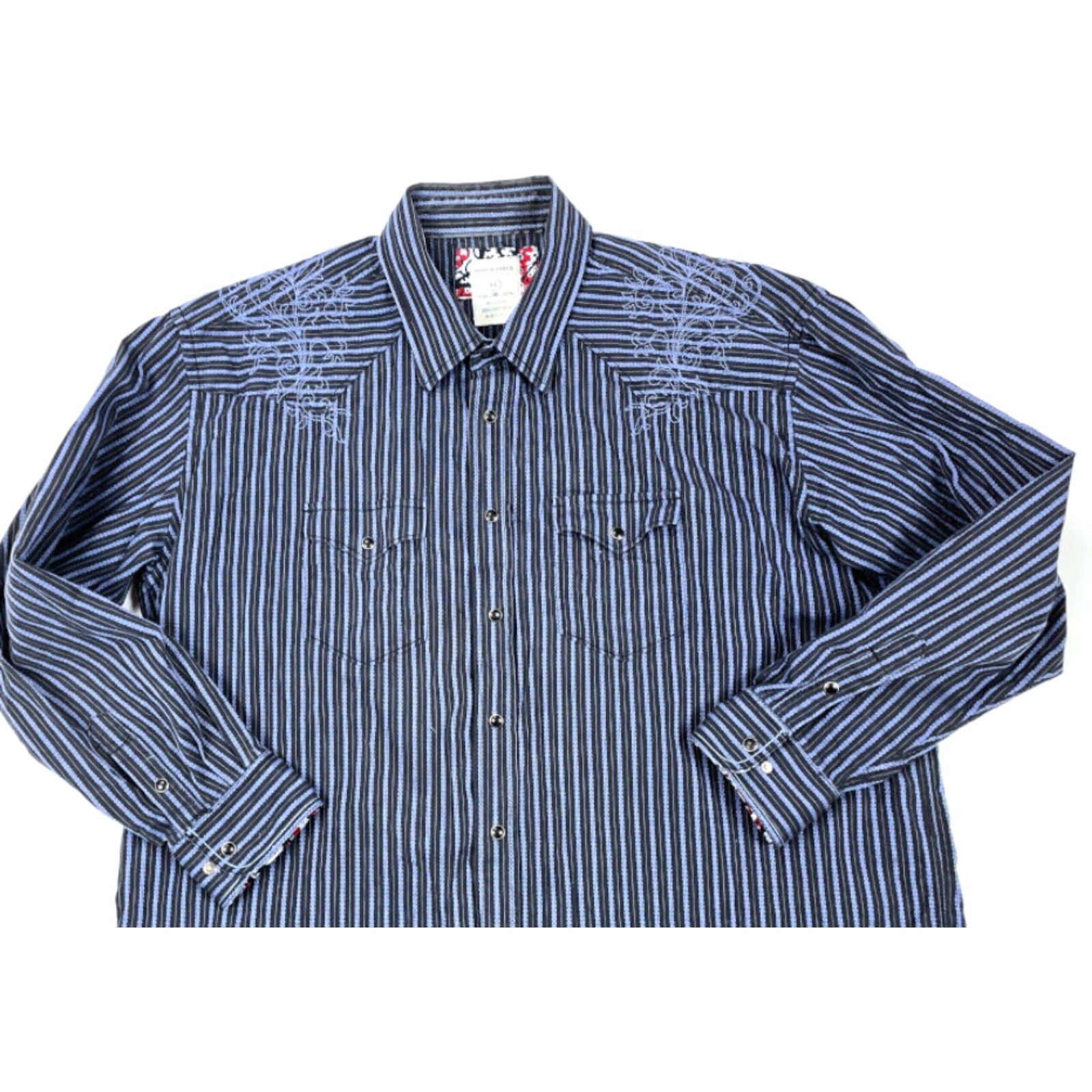 Vintage Rough Stock Western Shirt Adult 2XL Blue Striped Geometric Cotton Embroidered Snap Button Pockets 90s Cowboy Grunge Rockabilly Mens Size US XXL / EU 58 / 5 - 3 Thumbnail