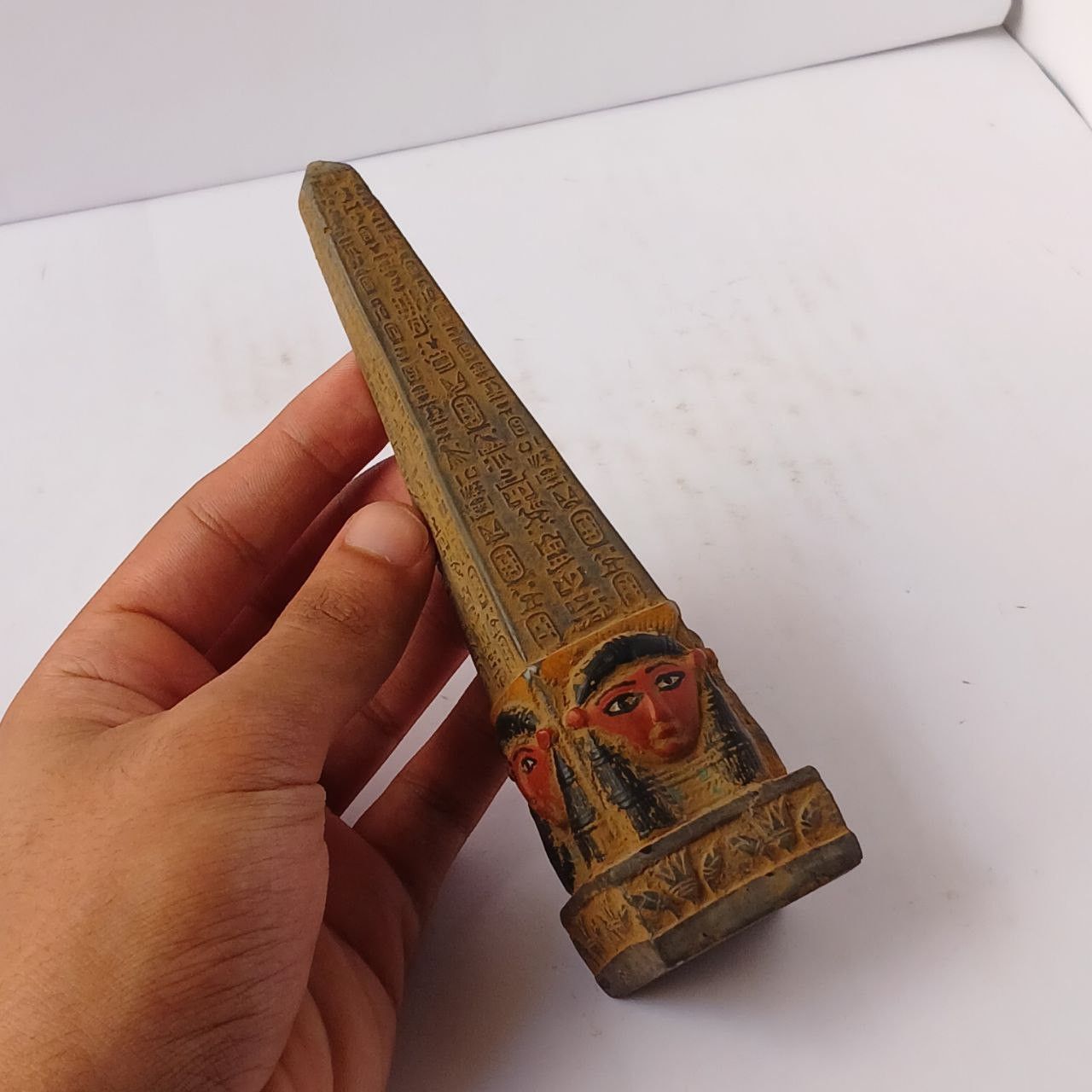 Handmade Egyptian Obelisk Statue Hieroglyphs & Hathor Face Size ONE SIZE - 3 Thumbnail