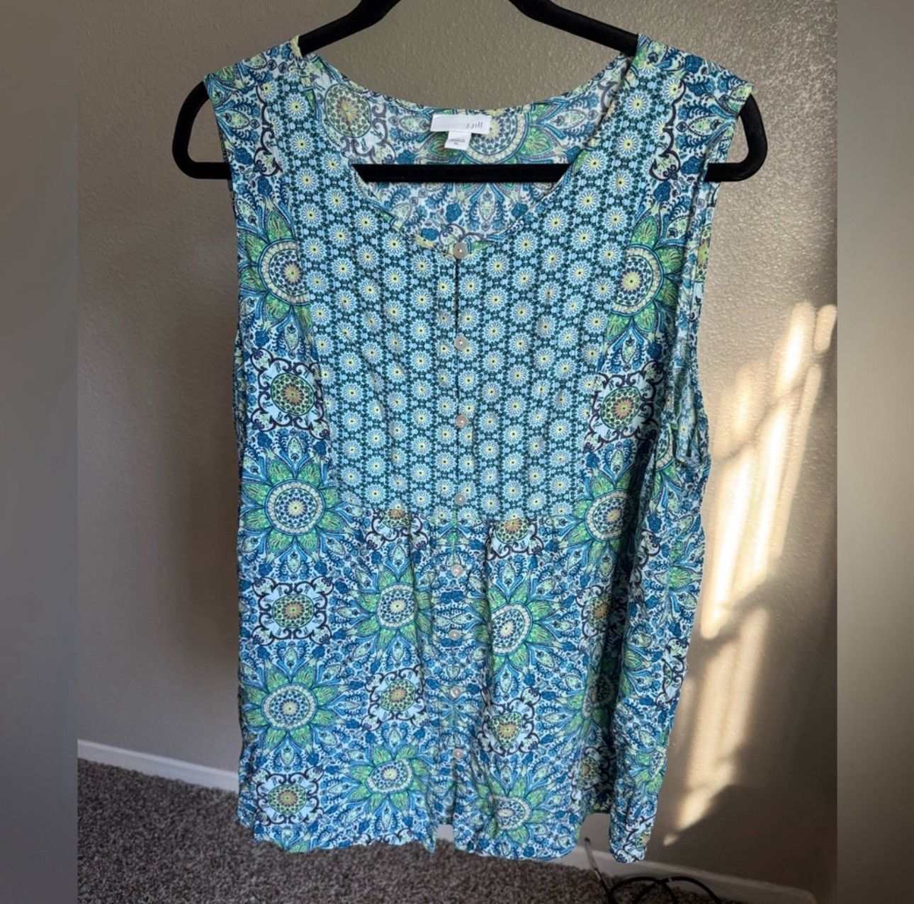 J. Jill J. Jill Blue and Green Sleeveless Lotus Crew Neck Blouse XL Size XL / US 12-14 / IT 48-50 - 2 Thumbnail