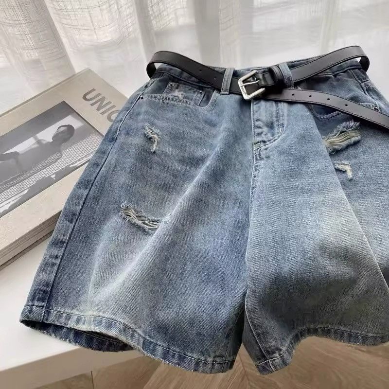 Vintage Straight Washed Wide Leg Holes Distressed Shorts Size US 32 / EU 48 - 2 Thumbnail