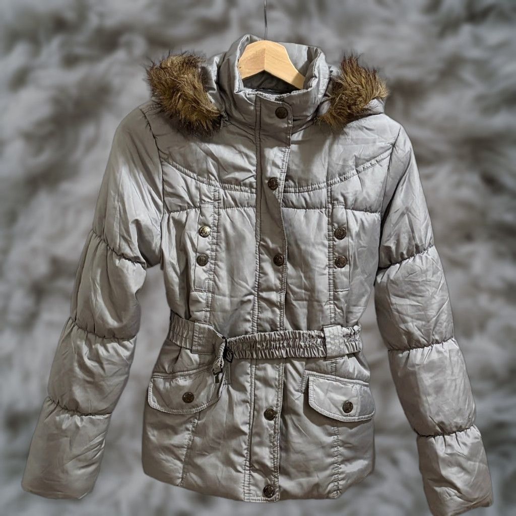 Vintage Dollhouse Puffer Jacket Womens Small Gray Faux Fur Hood Full Zip Belted Size S / US 4 / IT 40 - 1 Thumbnail