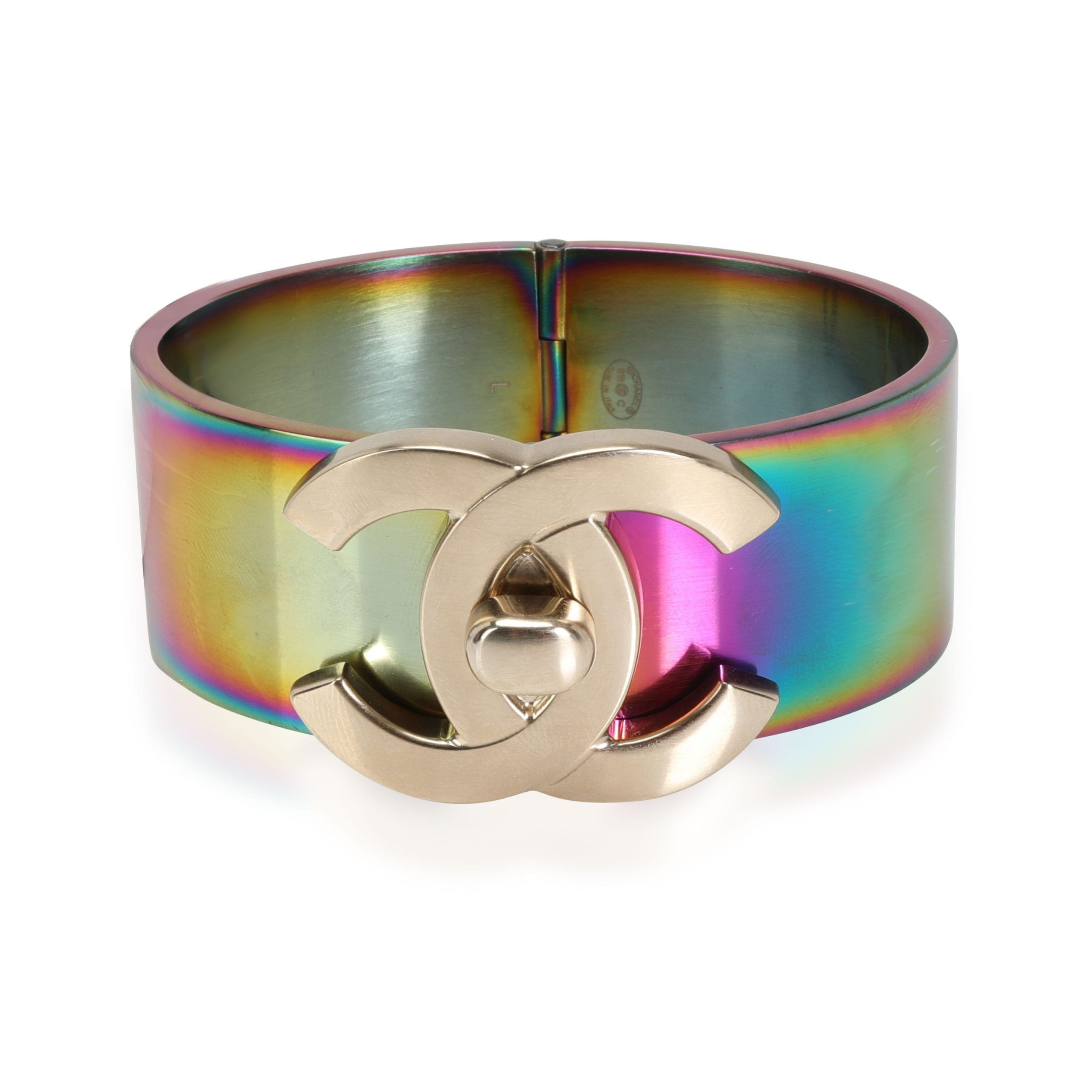 image of Chanel Iridescent Hinged Cc Cuff Bracelet in Silver, Women's