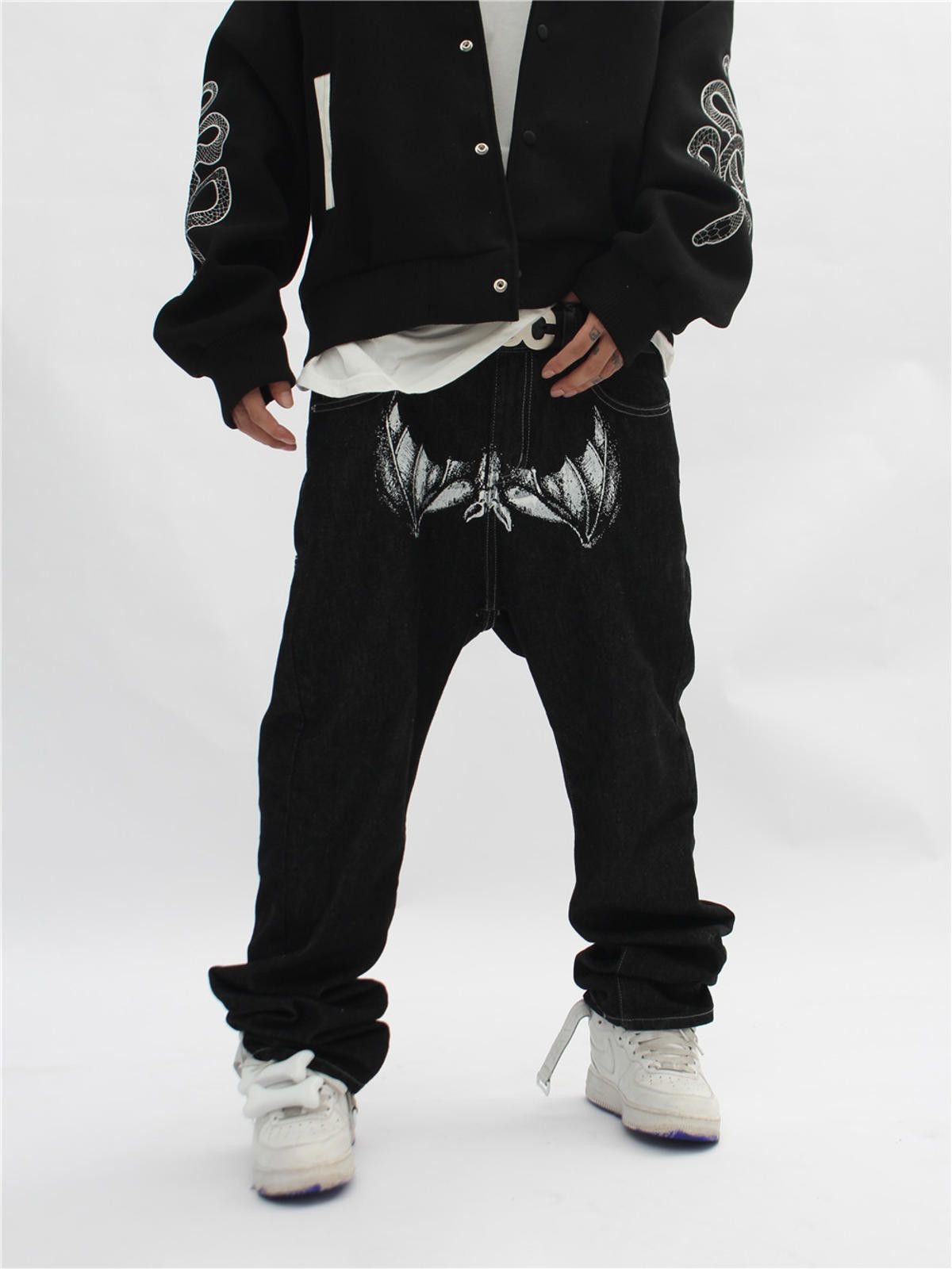 Japanese Brand Black Straight Leg Denim Jeans with Graphic Prints Size US 32 / EU 48 - 5 Thumbnail