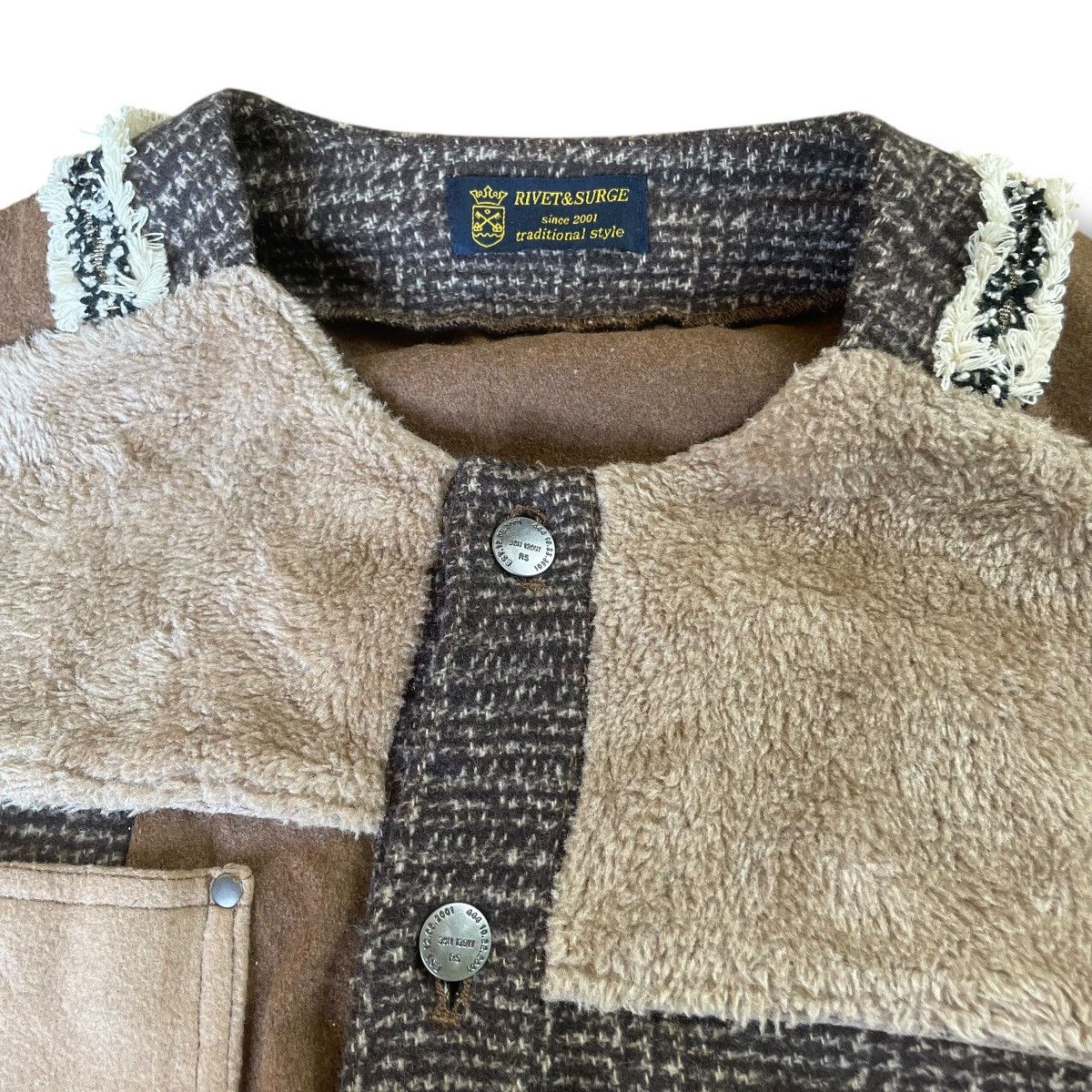Beauty Beast × Japanese Brand RIVET SURGE 3 BLEND FLEECE + COTTON + WOOL PATCHWORK JACKET Size US XL / EU 56 / 4 - 9 Thumbnail