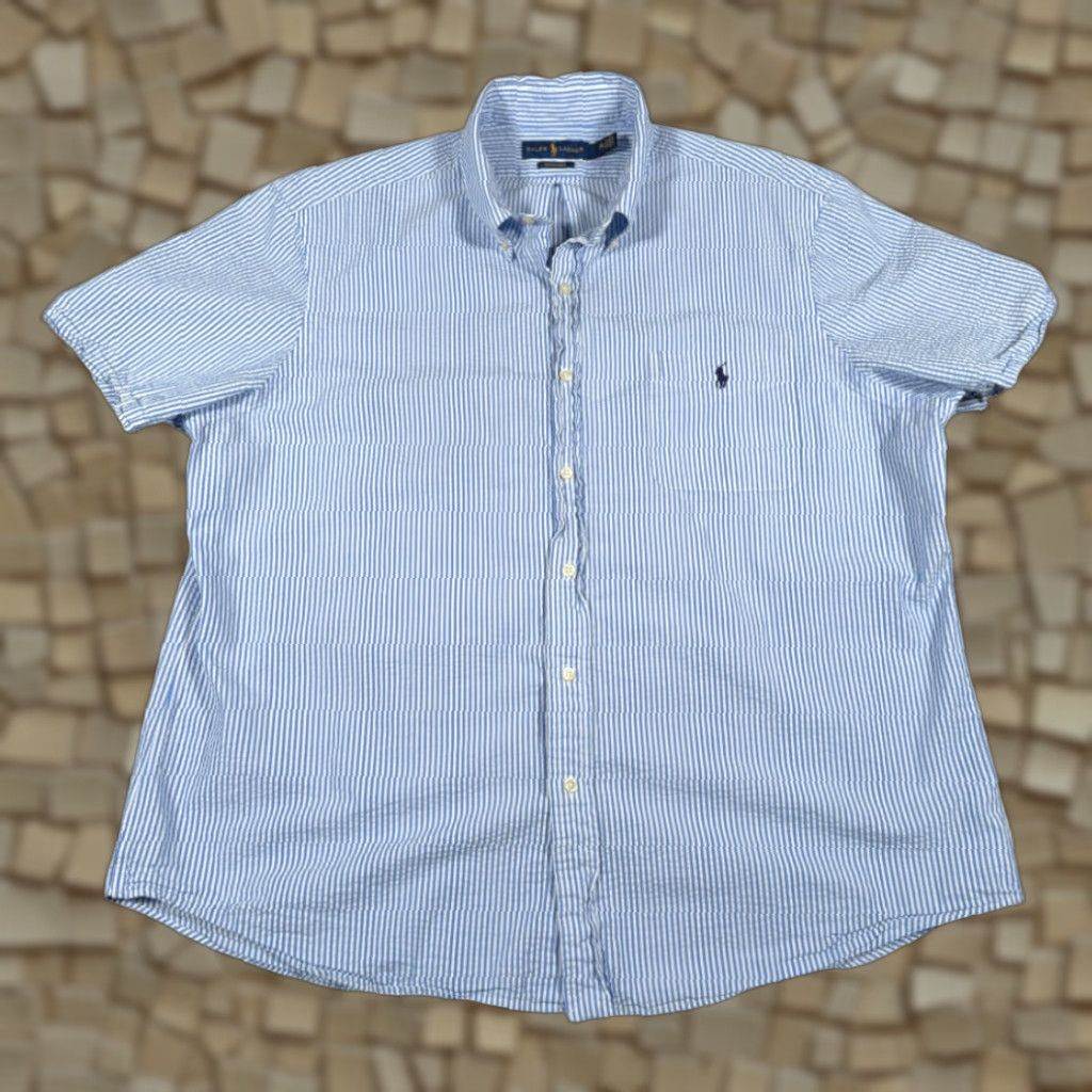 Ralph Lauren Ralph Lauren Shirt Adult 2XL Blue White Striped Seersucker Cotton Button-Up Collar Short Sleeve Embroidered Pony Pocket Size US XXL / EU 58 / 5 - 1 Thumbnail