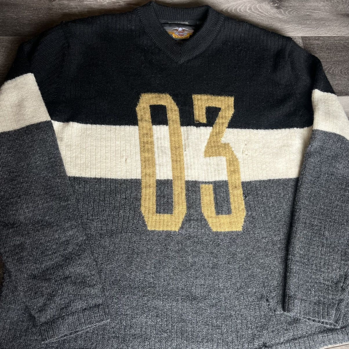Harley Davidson Vintage 1990s Harley Davidson 03 Striped V Neck Wool Sweater Size US XXL / EU 58 / 5 - 3 Thumbnail