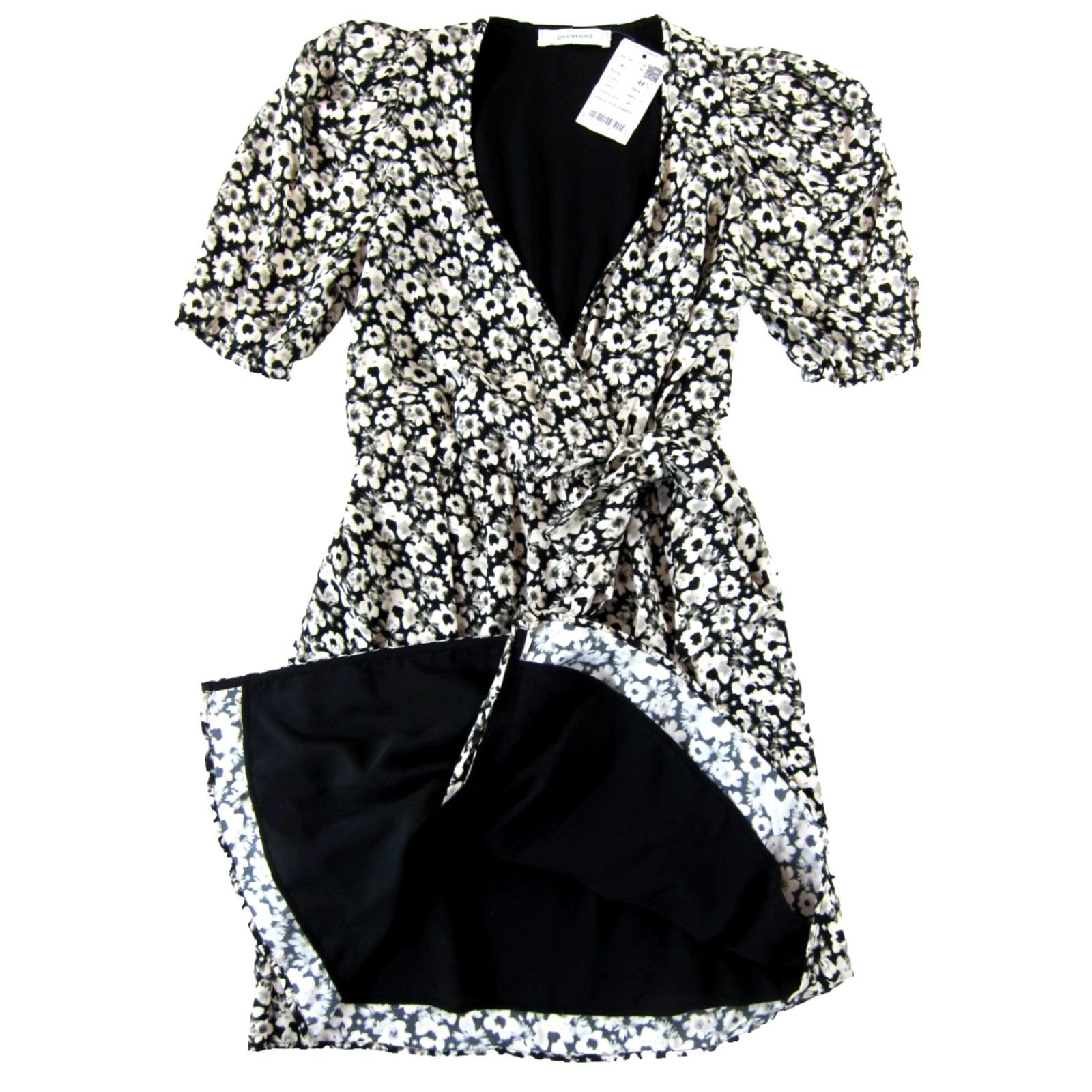 Vintage Promod Dress Womens Wrap Dress Short Sleeve Floral NWT Black White Sun V-Neck Lined Short Sun Dress Women Small Size 27" / US 4 / IT 40 - 5 Thumbnail