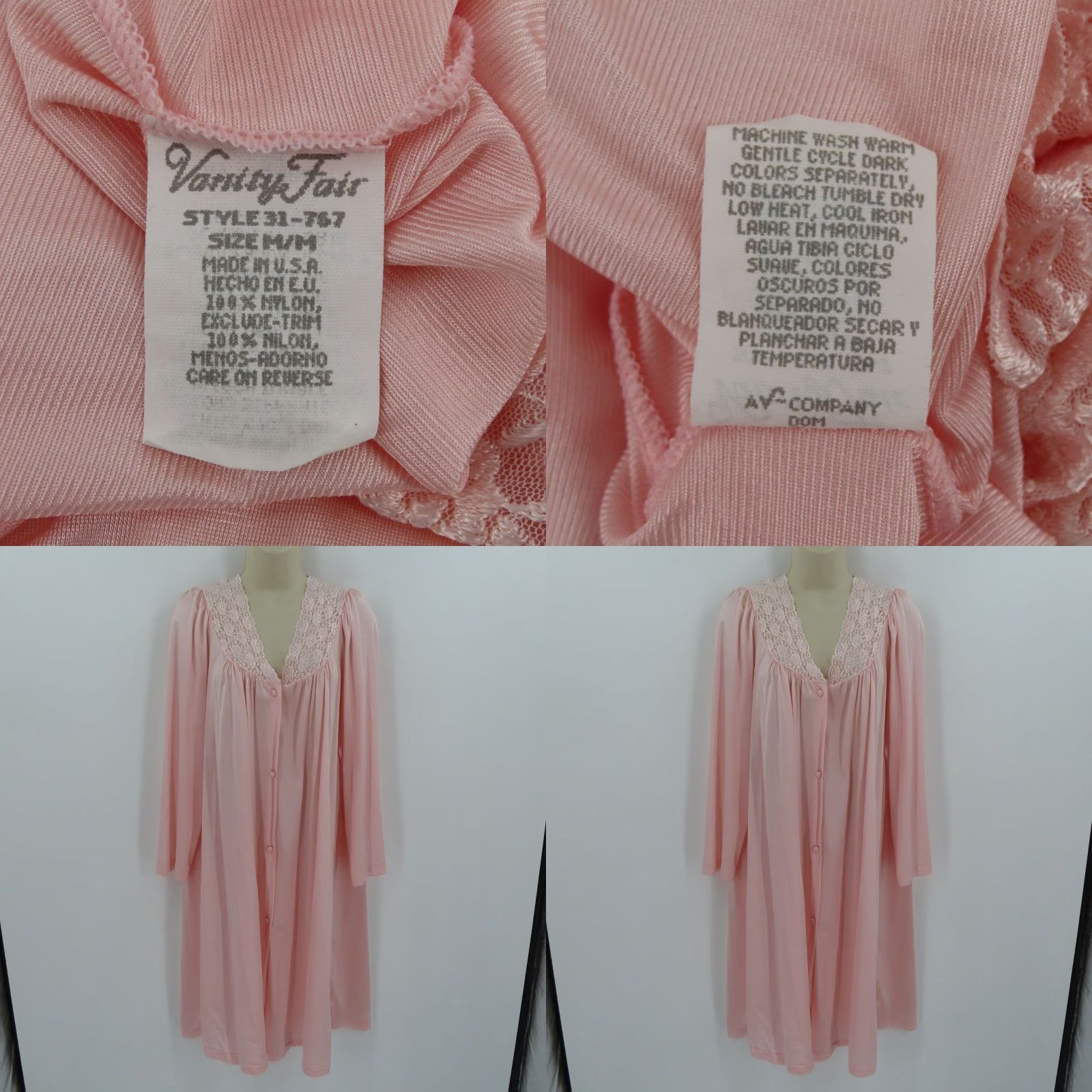 Vintage VTG Vanity Fair Women Medium Solid Pink Lace Trim Button Front Nightgown Dress Size M / US 6-8 / IT 42-44 - 8 Thumbnail
