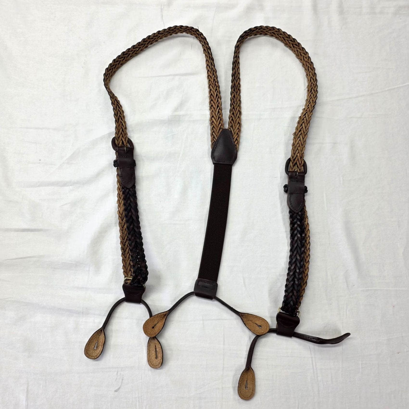 Etro Braided Leather Y Back Suspenders Button Attachment Adjustable Vintage Style Retro Mens Suspender Brown Leather Y-Back Size ONE SIZE - 5 Thumbnail