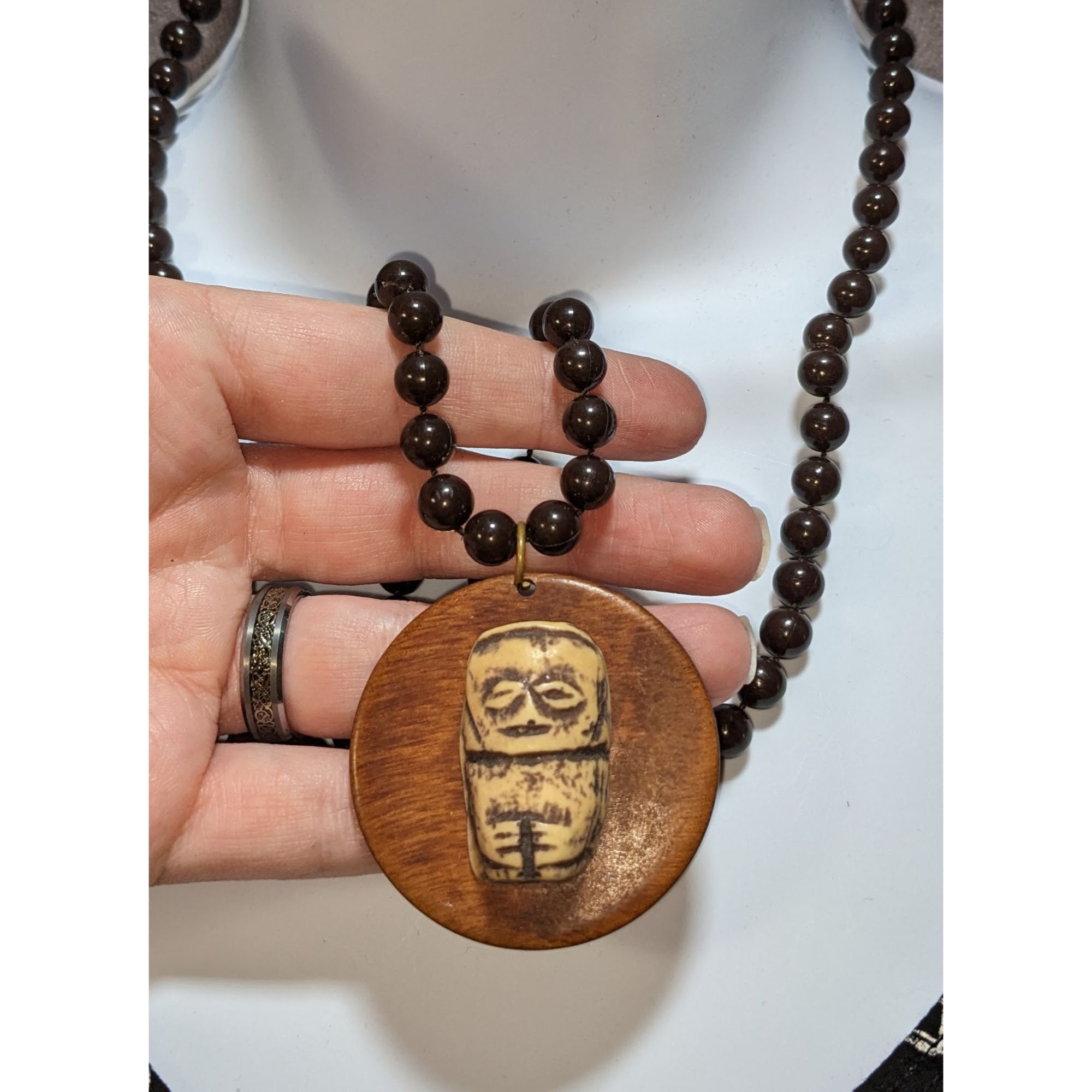 Other Hand-Carved Wooden Beaded Necklace With Tribal-Inspired Pend Size ONE SIZE - 2 Thumbnail