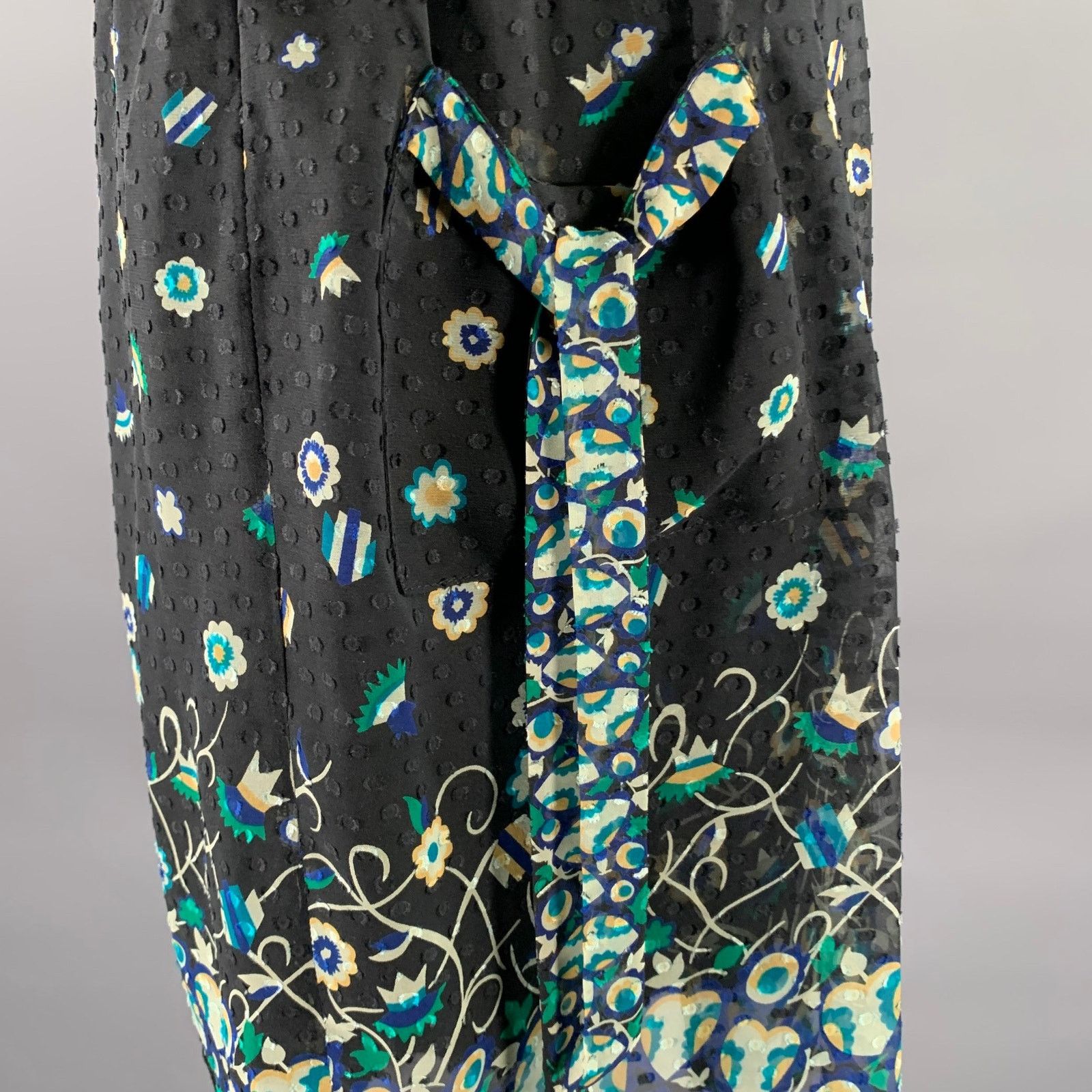 Anna Sui ANNA SUI Black Blue Silk Floral Midi Knee-Length Dress Size S / US 4 / IT 40 - 6 Thumbnail