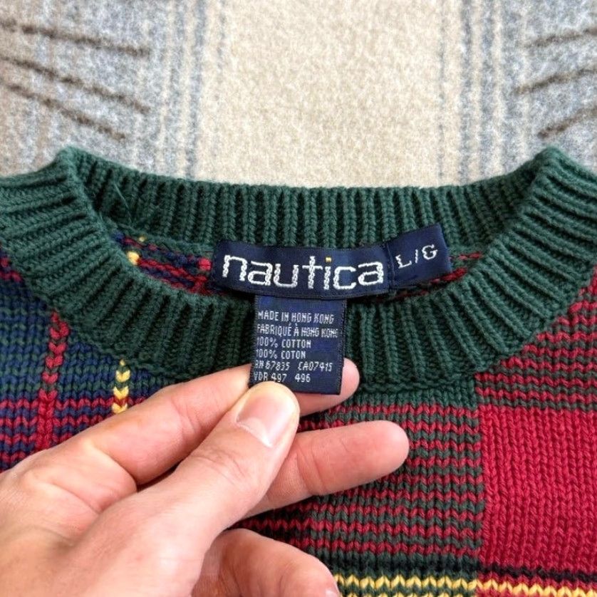VINTAGE Nautica Pullover Shirt Men 90s Plaid Colorful Knit Knitwear Long Sleeve Medium Seasonal Fall Spring Winter Mens