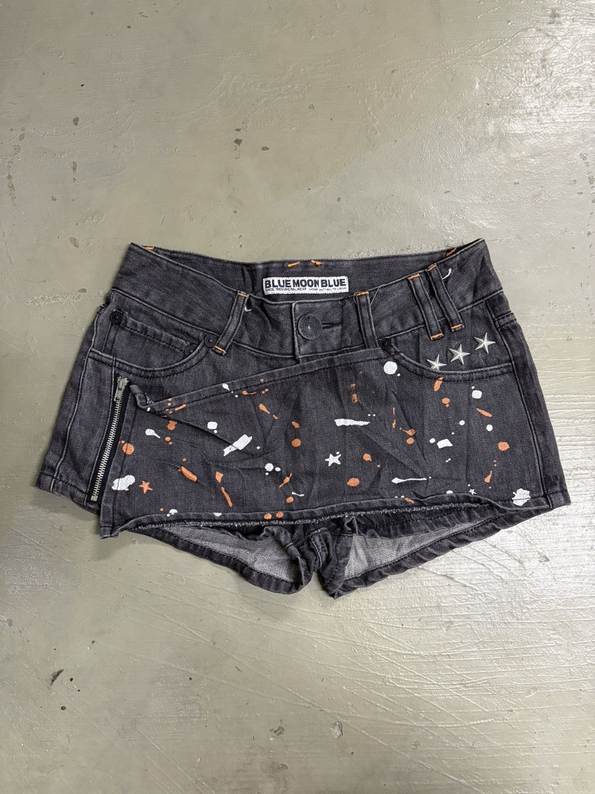 Hysteric Glamour Paint Splatter assymetrical denim mini short Blue Blue Japan Size 29" - 1 Thumbnail