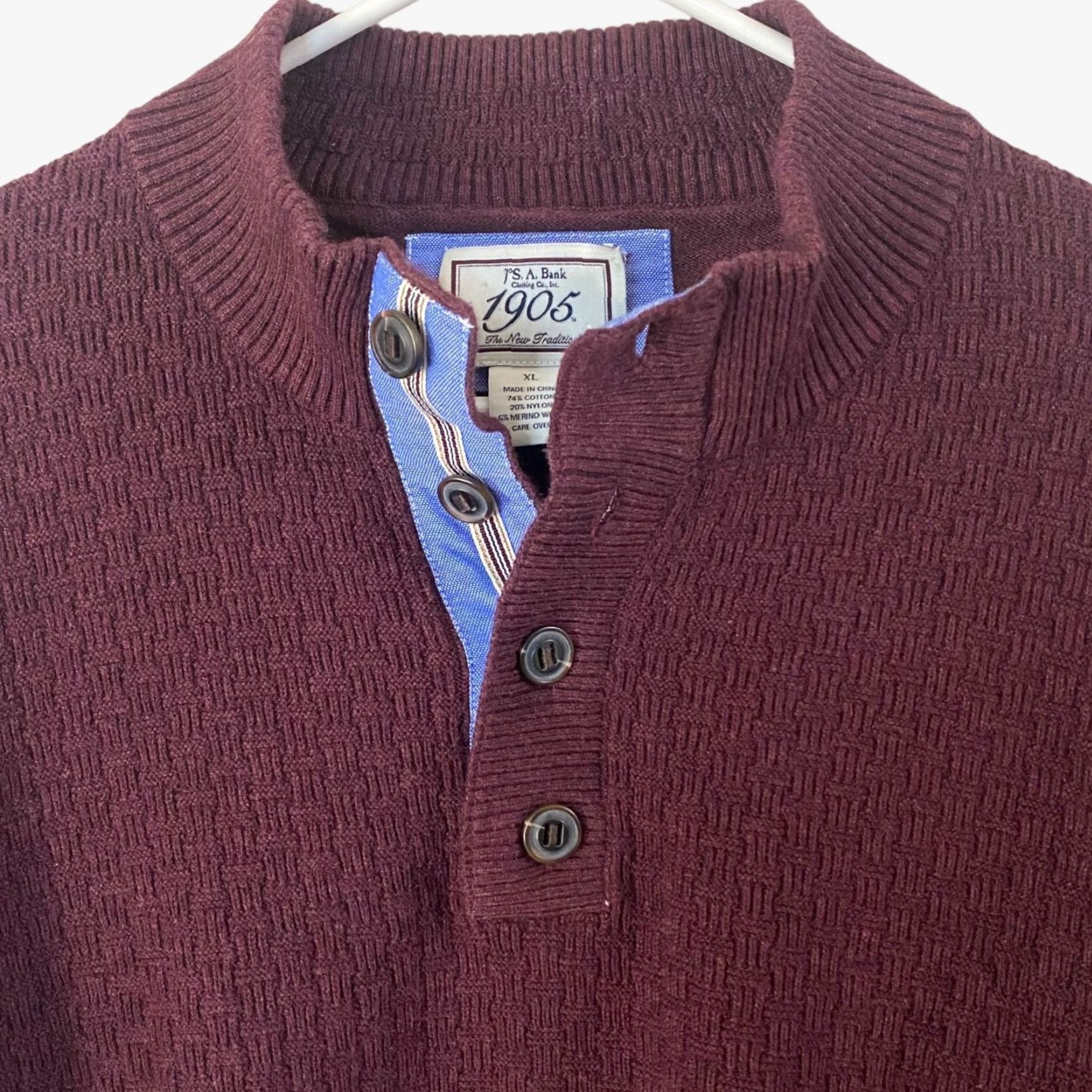 Jos. A. Bank VINTAGE Jos. A. Bank Henley Mock Neck Pullover Sweater Mens XL Burgundy Red Long-Sleeve 1905 Button Details Mens Size US XL / EU 56 / 4 - 5 Thumbnail