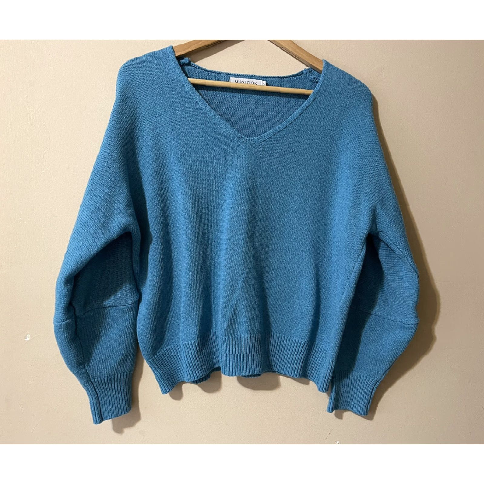 Vintage Miss Look Women's S Turquoise Cotton V-Neck Oversized Pullover Sweater Shirt/ Sweater? Size S / US 4 / IT 40 - 2 Thumbnail