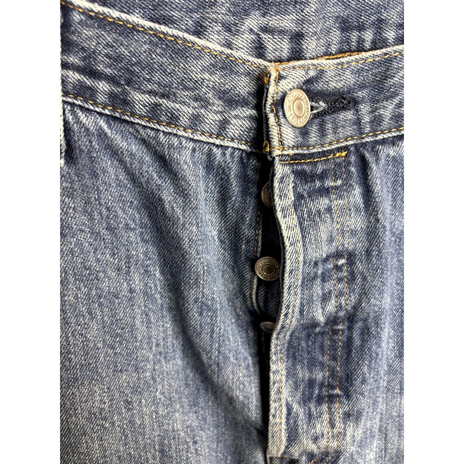 Levi's Levis 501 Jeans Mens 34x30 Blue Denim Button Fly Red Tab Distressed Vintage Style Straight 5-Pocket Copper Rivets Size US 32 / EU 48 - 7 Thumbnail