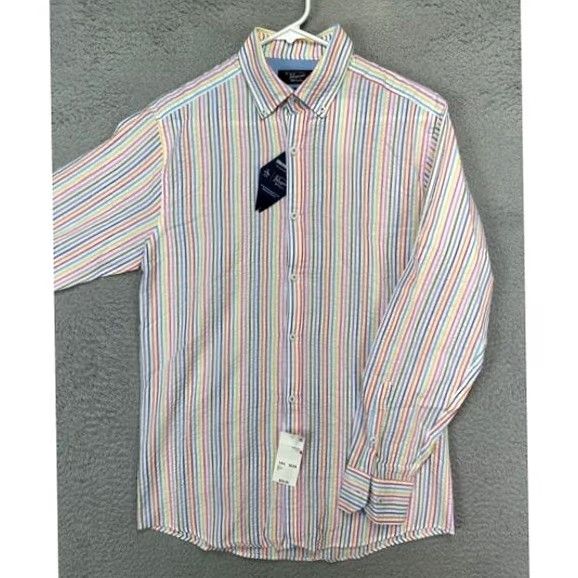Vintage Penguin by Munsingwear Shirt Mens Small 14.5 Slim Dress Blue Striped Cotton Polyester Button-Down 32-33 Heritage Size 40R - 3 Thumbnail