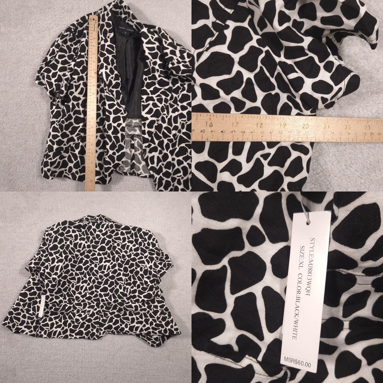 Vintage Larry Levine Blazer Womens XL Black White Animal Print Linen Short Sleeve Jacket Size 40" / US 18 - 8 Thumbnail