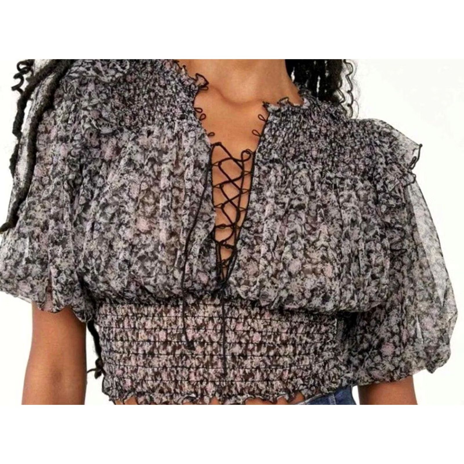 Free People Free People Blouse Shirt Women S Floral Print Sheer Cropped Balloon Sleeve Gray Blue Smocked Beatrice Puffy Small Size S / US 4 / IT 40 - 2 Thumbnail