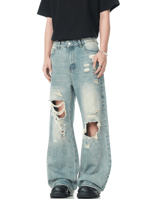 Japanese Brand × Jean American retro high street washed straight-leg ripped jeans Size US 32 / EU 48 - 3 Thumbnail