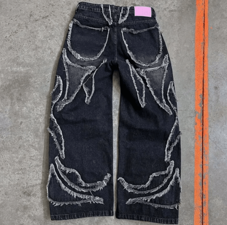 Japanese Brand Geometric Pattern Patch Black Old Baggy Jeans Size US 32 / EU 48 - 2 Thumbnail