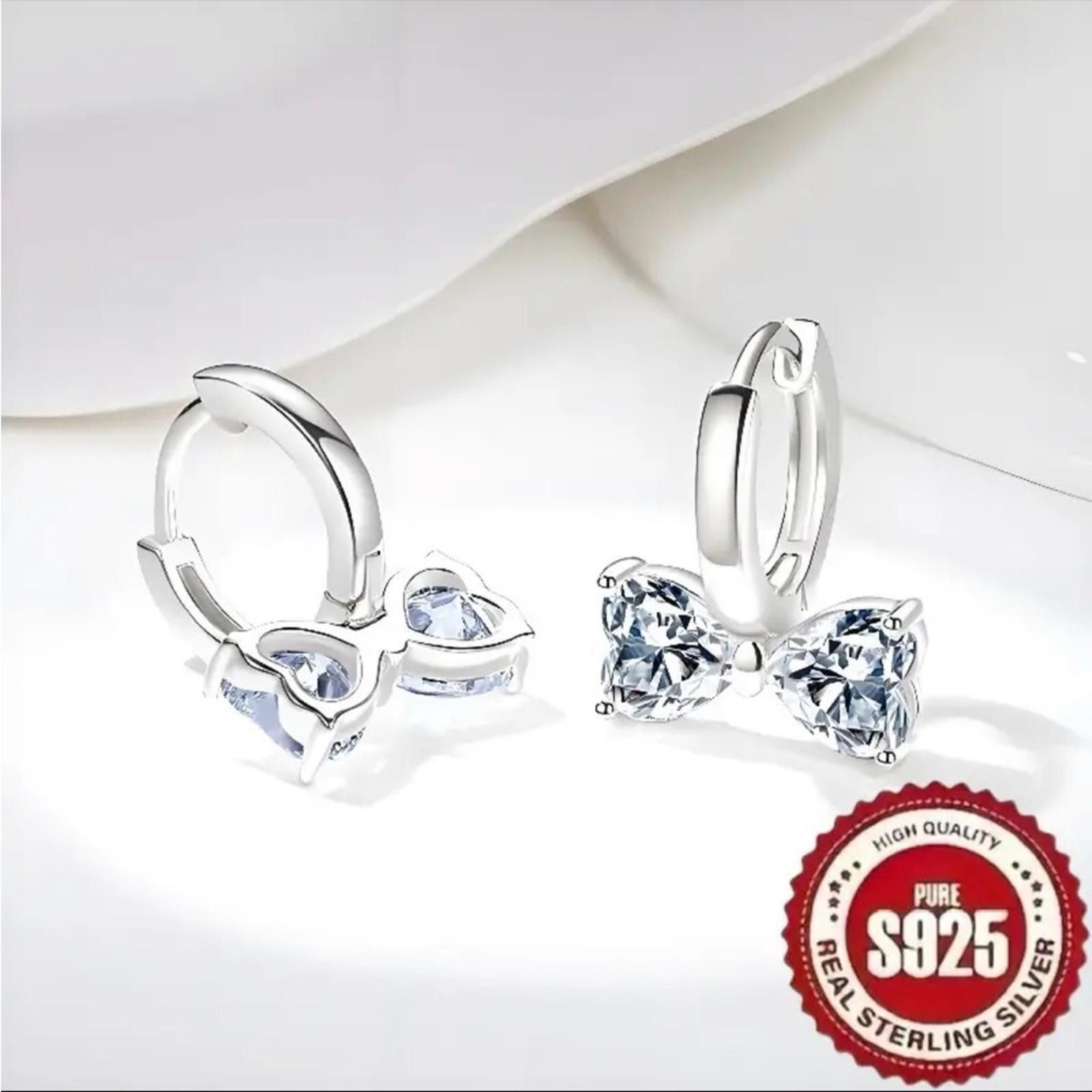 Designer S925 Silver Bow Earrings with Simulated Diamonds Size ONE SIZE - 5 Thumbnail