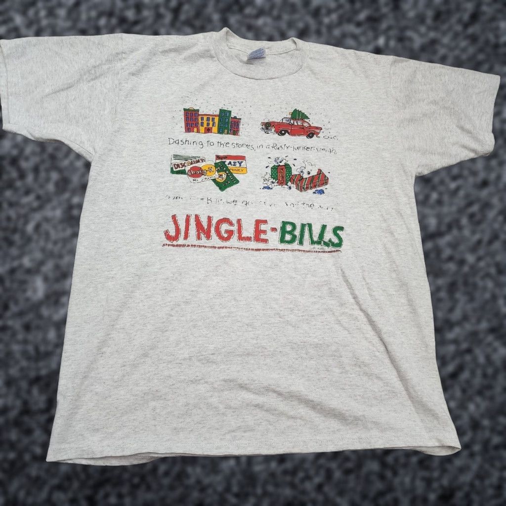 Hanes VINTAGE Hanes Mens T-Shirt 1990s Graphic Parody Christmas Jingle Bills Distressed Gray Large Size US L / EU 52-54 / 3 - 1 Thumbnail