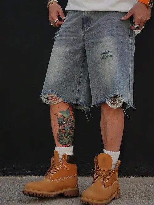VIBE RIPPED washed denim jeans shorts jorts Size US 33 - 5 Thumbnail