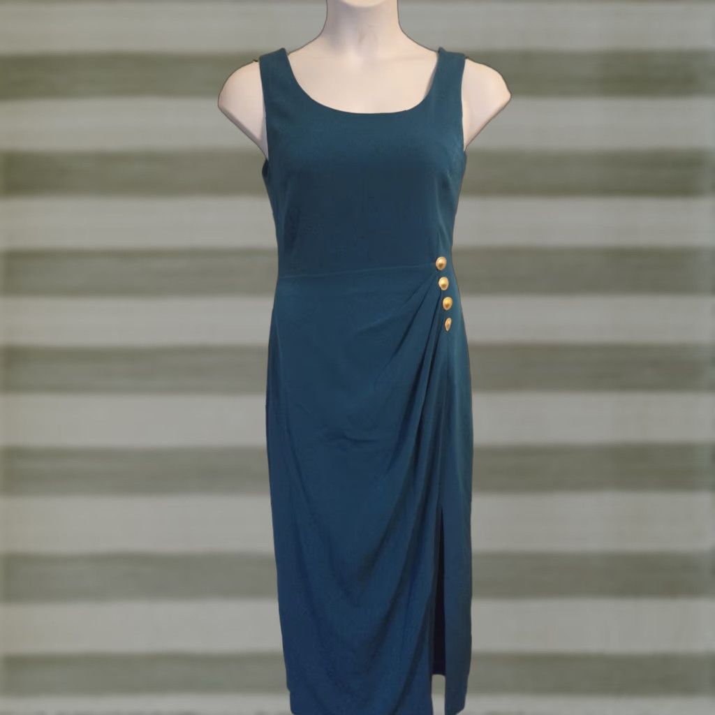 Evan Picone Evan Picone Sleeveless Teal Sheath Dress 12 Gold Buttons Midi Blue Women Size XL / US 12-14 / IT 48-50 - 1 Thumbnail
