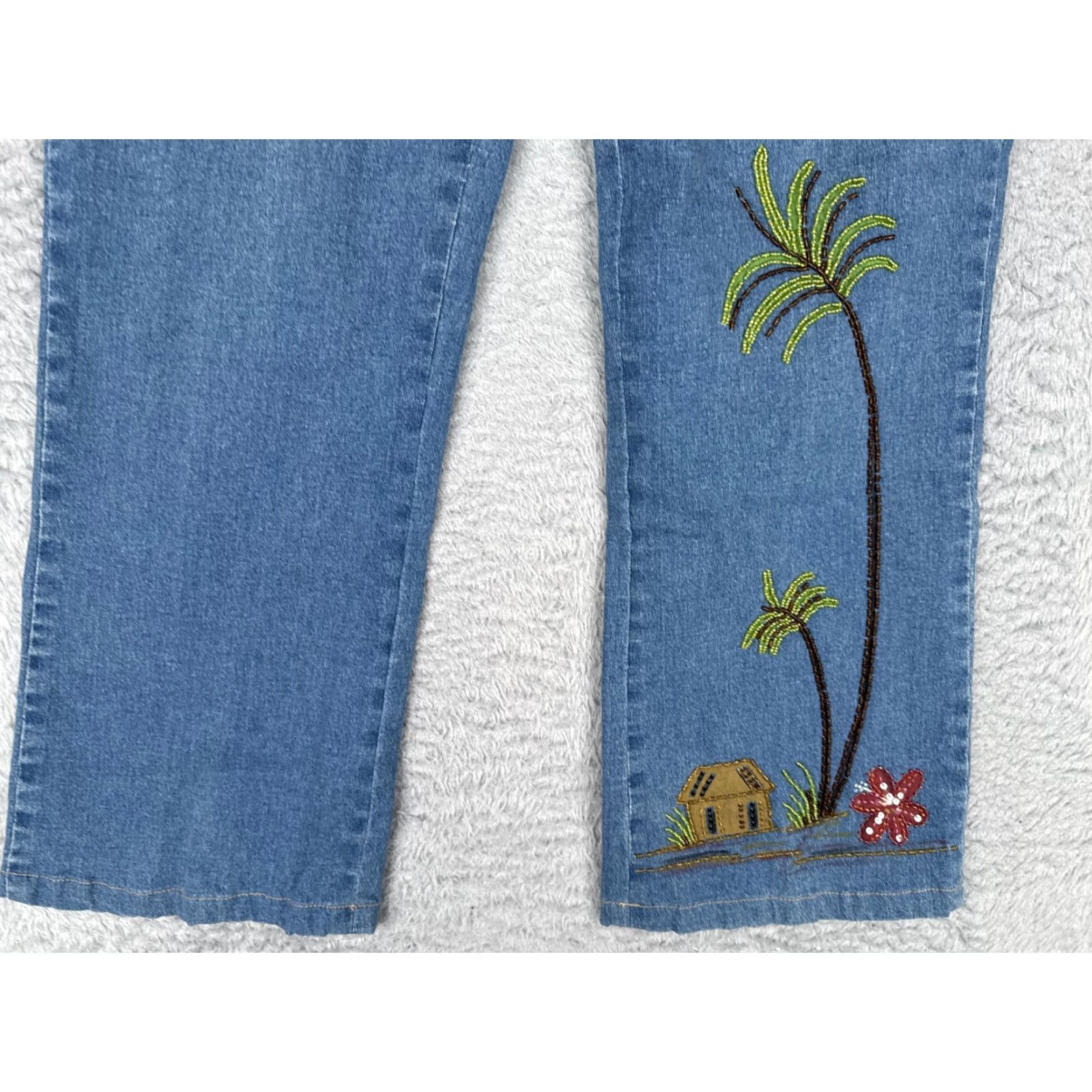 Vintage Havenbleu Jeans Womens 10 Straight Mid Rise Blue Floral Beaded Embroidered Sequin 5-Pocket Denim Cotton Blend 30x26 Size 32" / US 10 / IT 46 - 2 Thumbnail