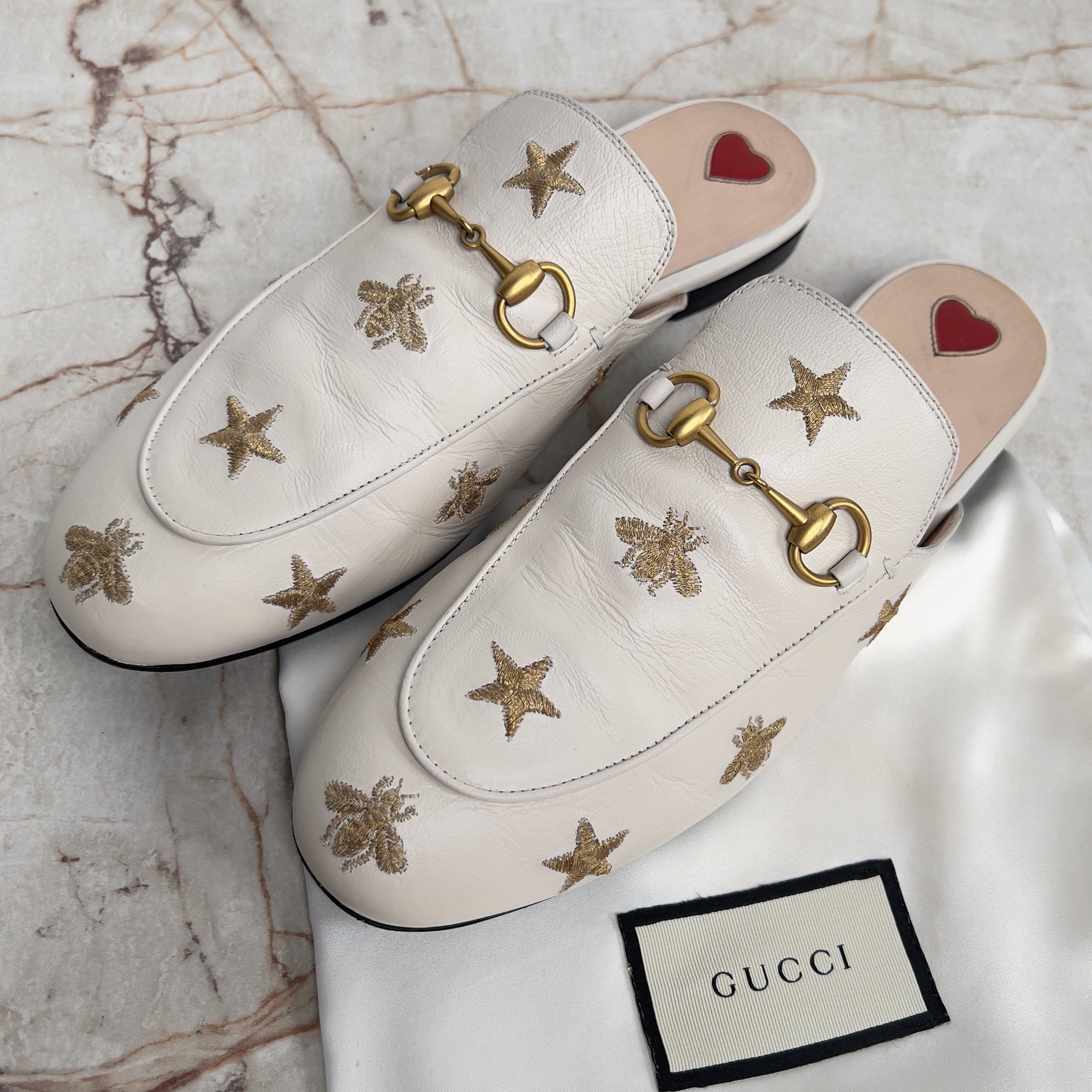 Princetown Horsebit Slipper Mule Bees Stars White Leather