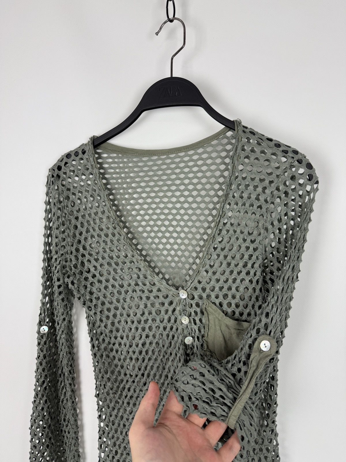 Vintage Y2K Vintage Alt Khaki Green Fishnet V-Neck Long Sleeve Size L / US 10 / IT 46 - 6 Thumbnail