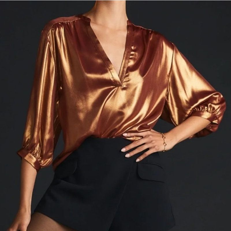 Anthropologie Anthropologie Womens Metallic Foil Top Sz S Shiny Going Out Size S / US 4 / IT 40 - 1 Thumbnail