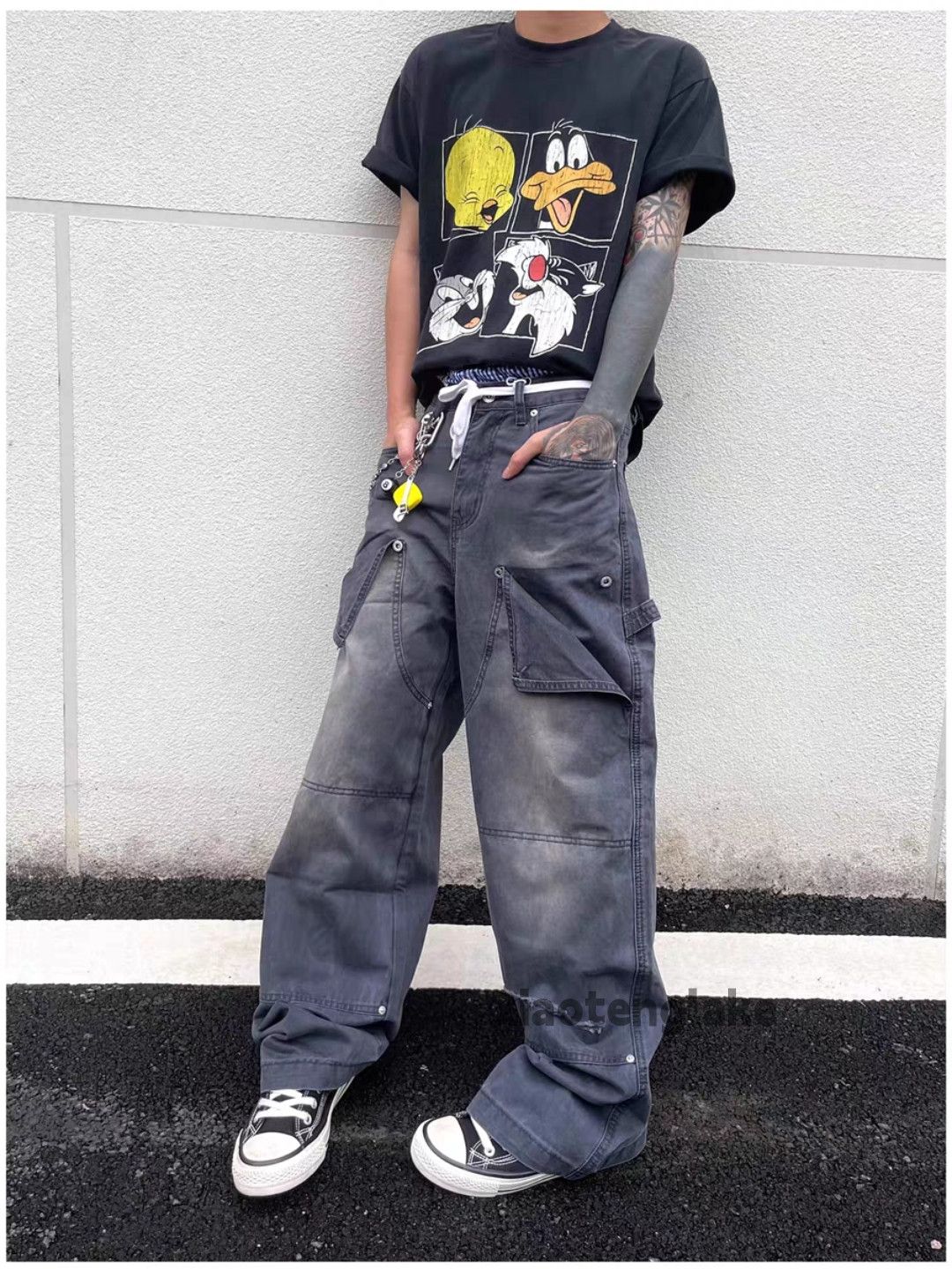 Designer Unisex washed faded loose baggy hiphop carpenter pants Size US 33 - 2 Thumbnail