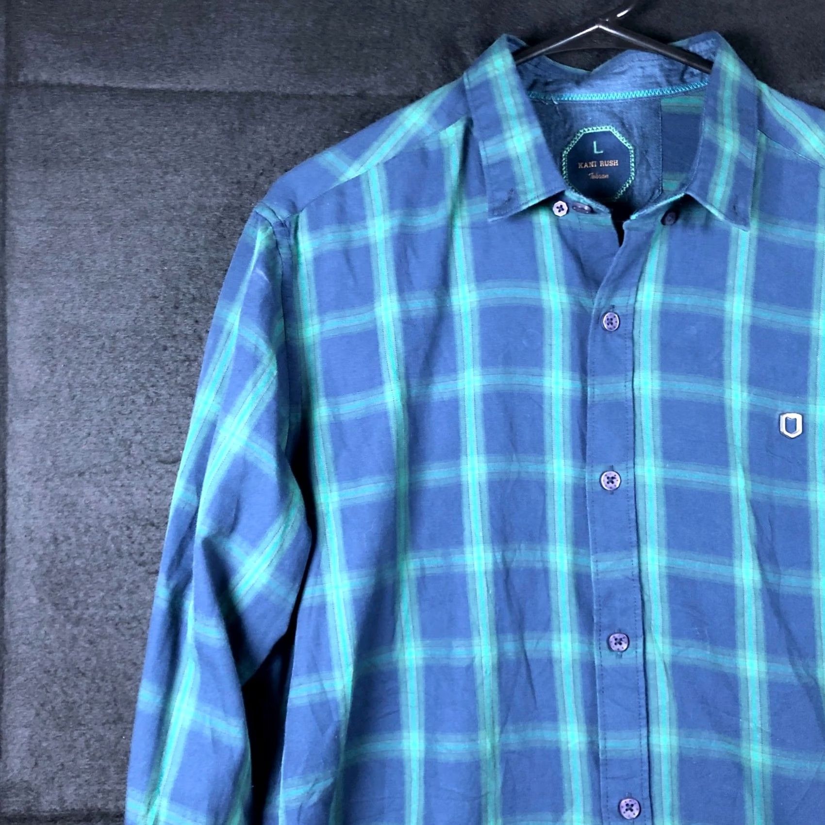 Vintage Kani Rush Mens Shirt Blue Green Plaid Button-Down 100% Cotton Long Sleeve Large L Regular Mens Size US L / EU 52-54 / 3 - 4 Thumbnail