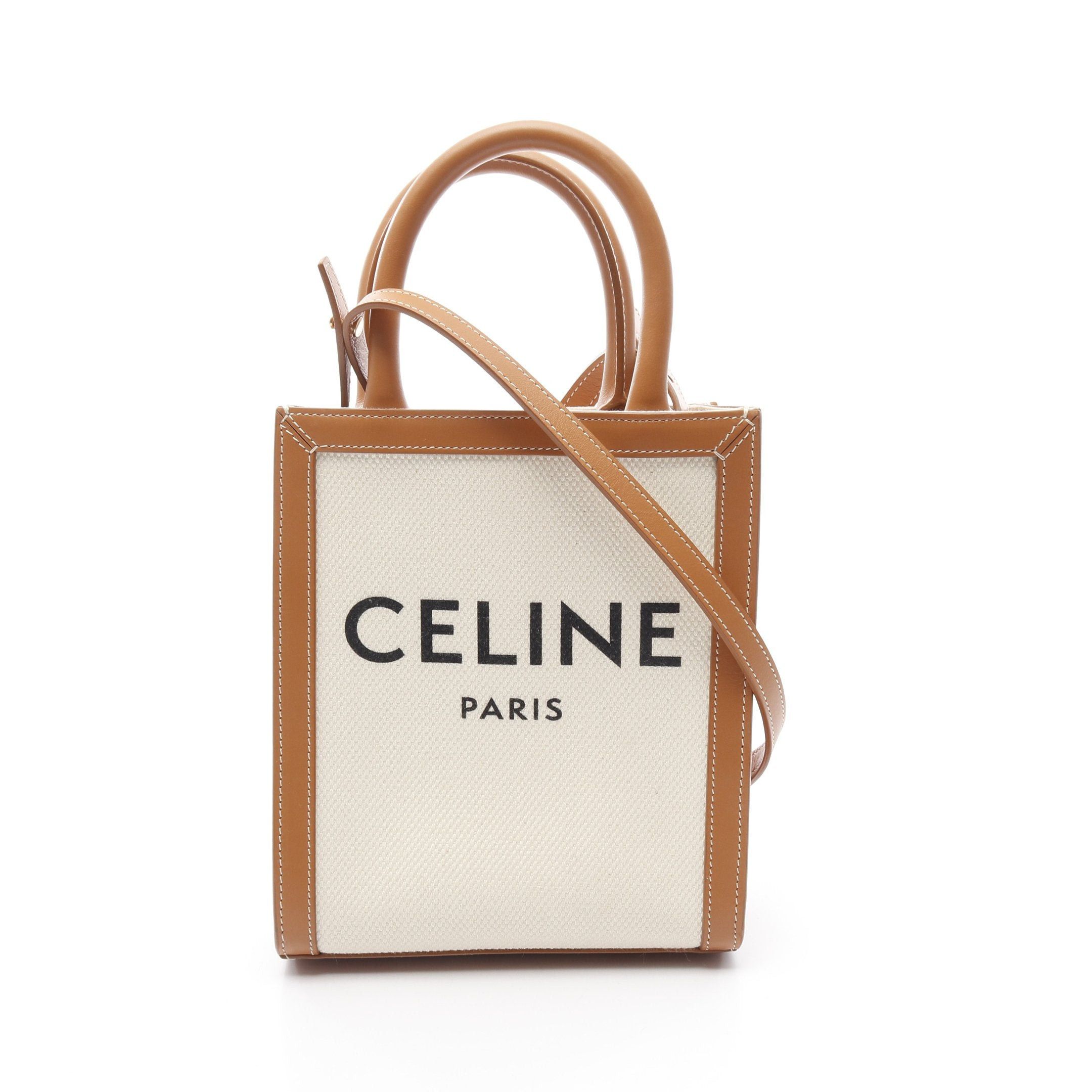 Celine Mini Vertical Cabas Handbag Canvas Leather Ivory Light Brown