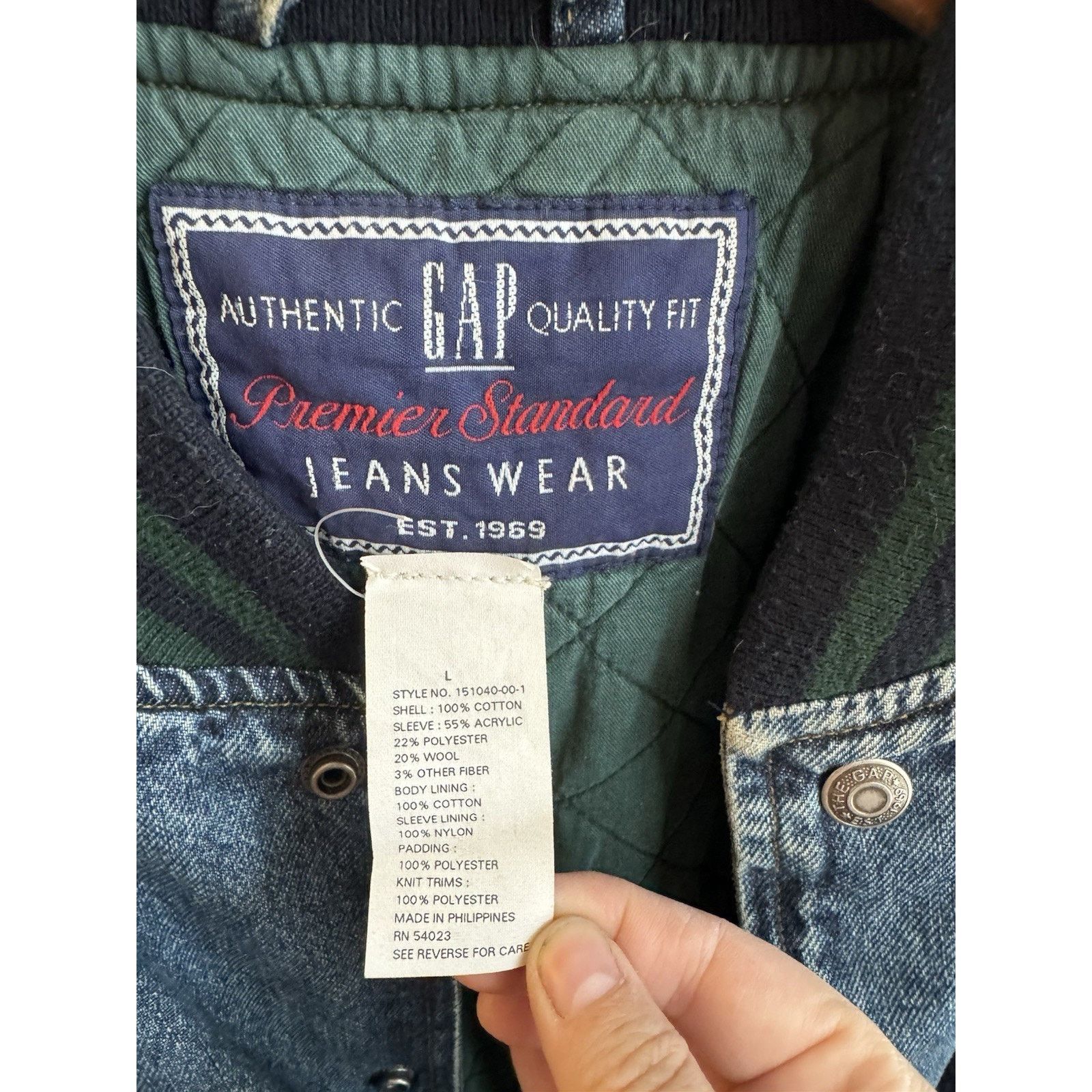 Gap GAP Vintage 90s Denim Green Plaid Varsity Bomber Jacket Sz L Size US L / EU 52-54 / 3 - 2 Thumbnail