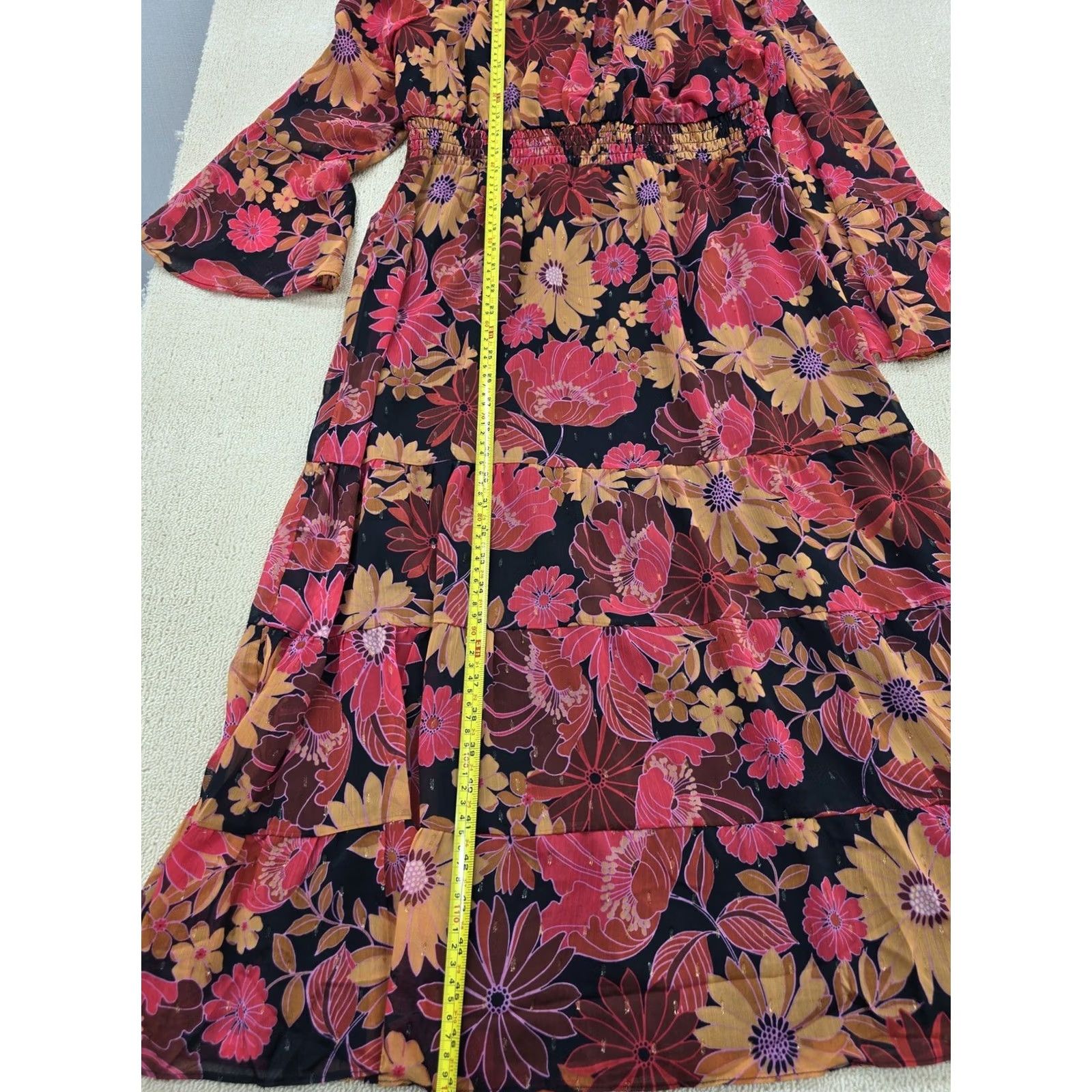 Bell BHOC Size 10 Floral Midi Chiffon Long Sleeve Bell Dress Blk Coral Size L / US 10 / IT 46 - 7 Thumbnail