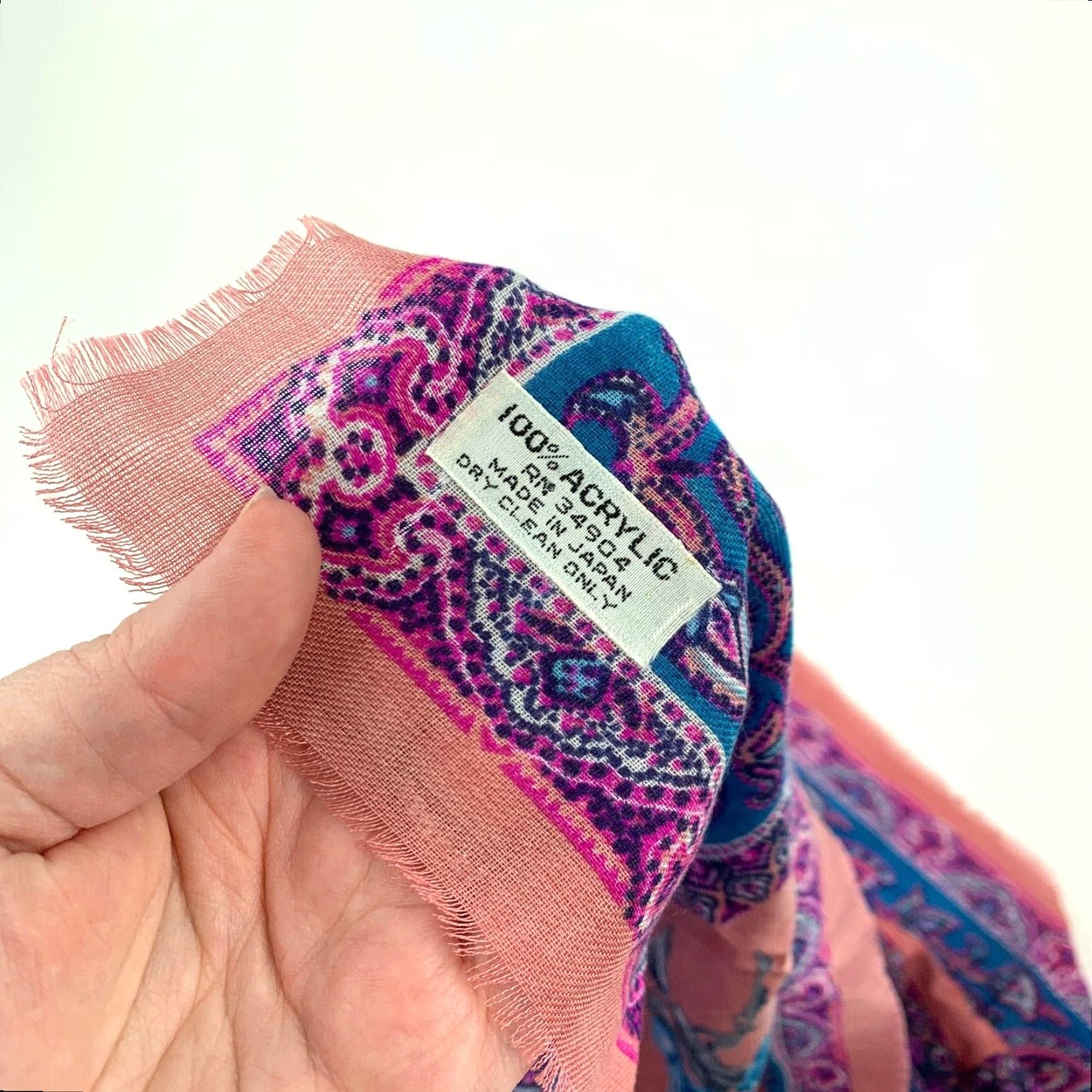 Pinko VINTAGE Made in Japan Fringed Floral Pink Blue Roses Acrylic Scarf 25 x 25 Sh Size ONE SIZE - 5 Thumbnail
