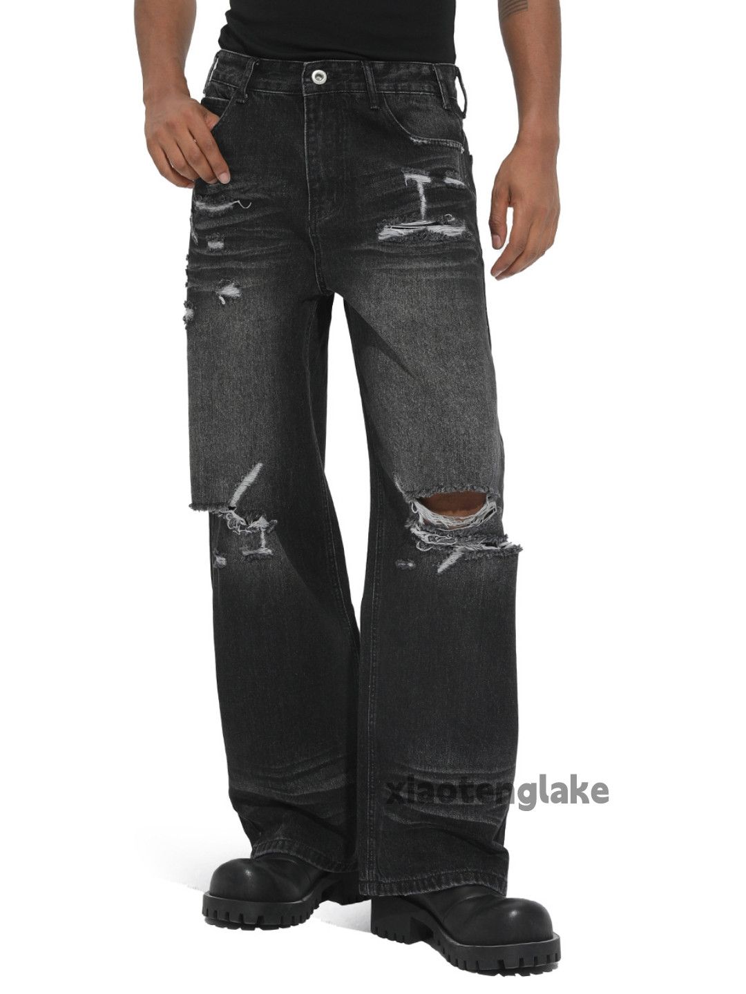Jean Washed faded loose baggy hiphop ripped damaged jeans Size US 32 / EU 48 - 1 Thumbnail